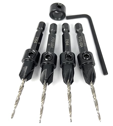 Miniatura 3 de FTG USA Juego de 4 brocas avellanadoras #4 (764 pulgadas), broca cónica, collar de tope, llave hexagonal para carpintería