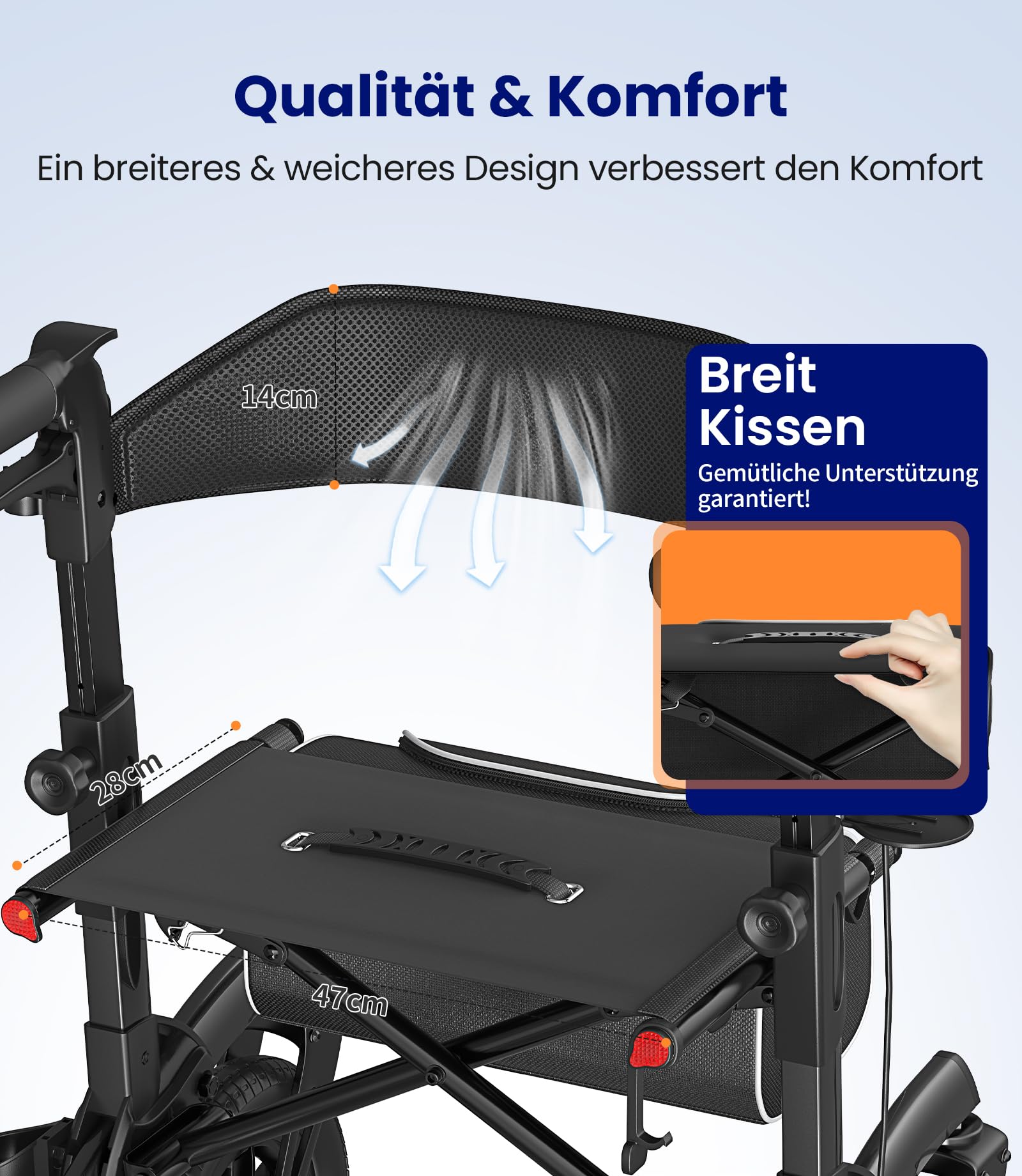 VOCIC Rollator Faltbar und Leicht mit Sitz Z52 Outdoor Walker Allen Gelände | Gummi-Nonluftbereifung, Aluminium Höhenverstellbare Rollatoren für Draußen & Langlauf & Reisen, Schwarz(5 Jahre Support)