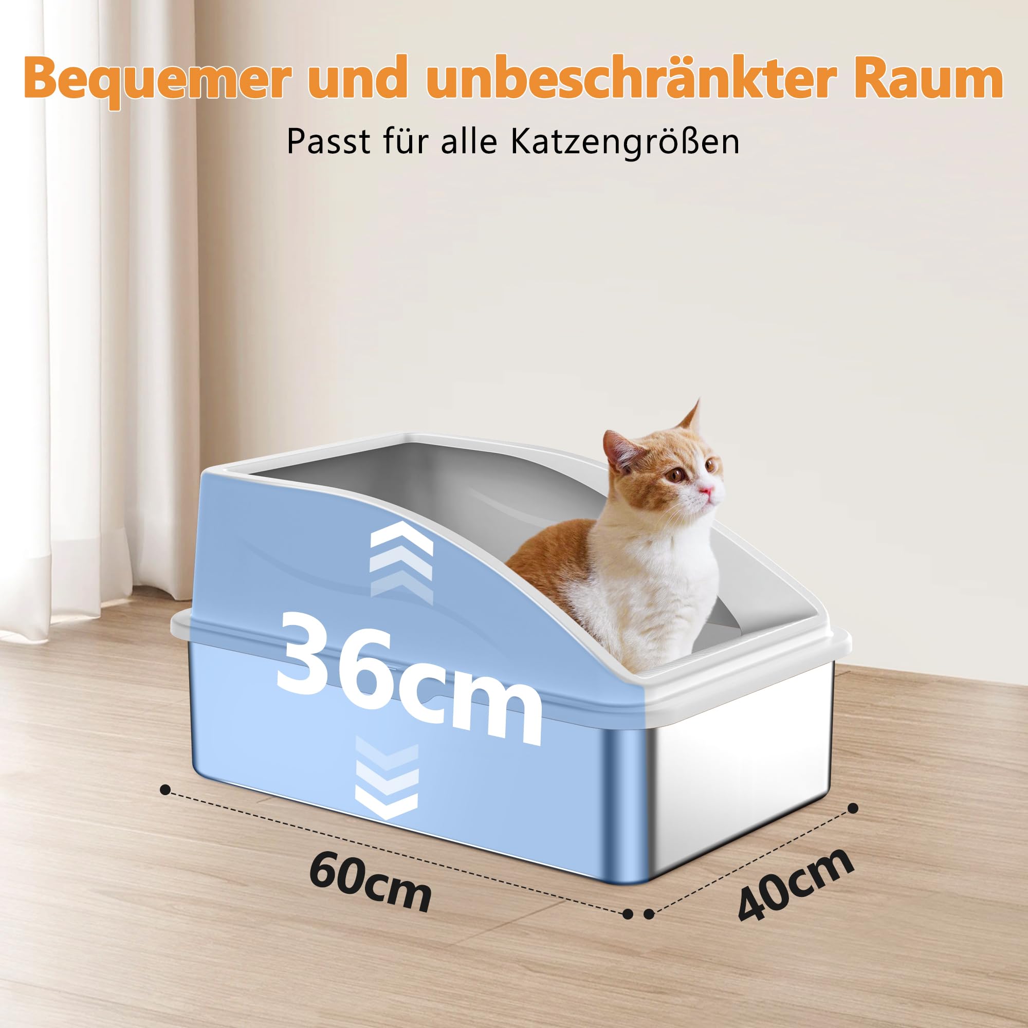 FURTIME Lettiera per gatti in acciaio inox XXL, 42 l, grande capacità, a prova di fuoriuscite, con paletta in metallo, 60 x 40 x 36 cm (grigio argento)