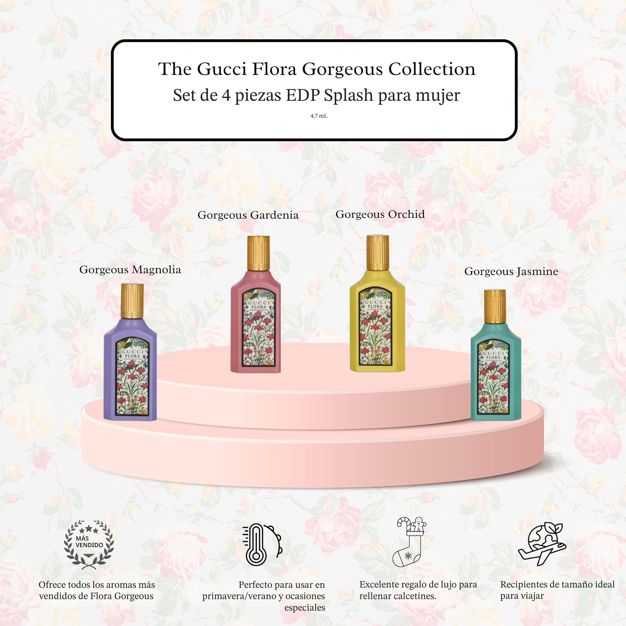 Set de regalo de viaje mini de 4 piezas para mujer de perfume Gucci variedad | Hermosa Magnolia + Hermosa Gardenia + Hermosa Orquídea + Hermosa Jazmín