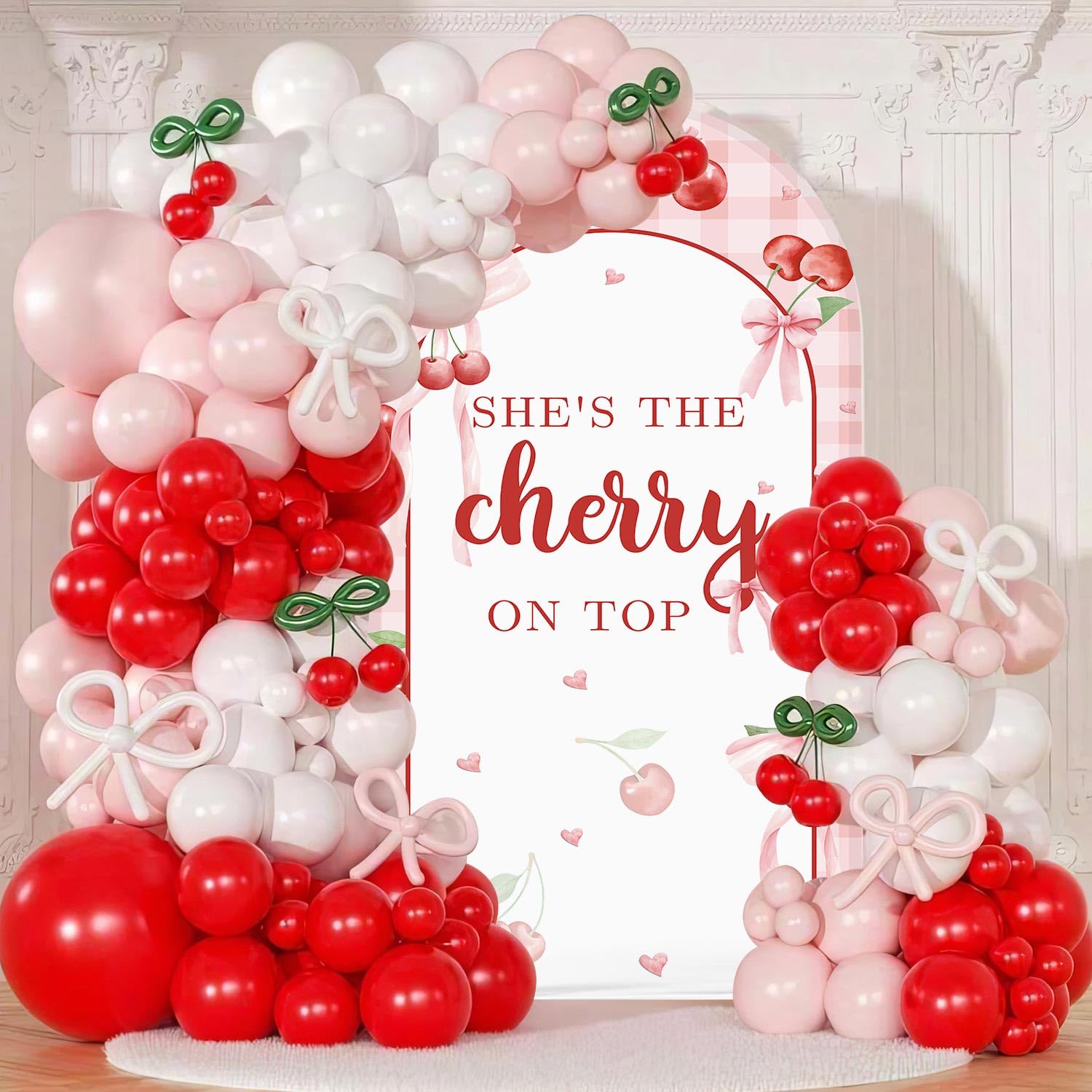 AIBIIN 7.2ft Cherry Coquette Arch Backdrop Cover for Girls, Pink Bow She's The Cherry on Top Baby Shower Arch Covers, 2-Sided Round Top Chiara