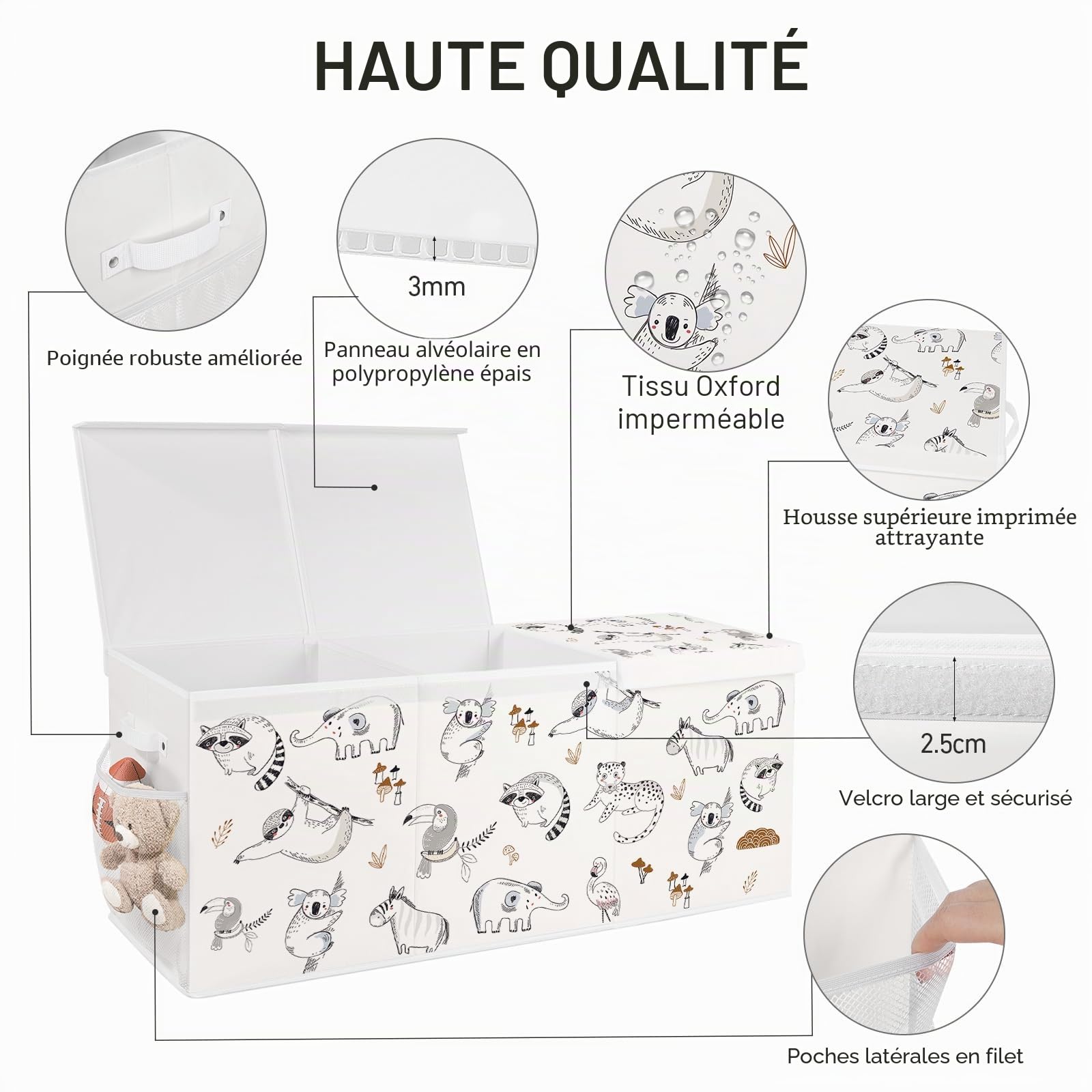 Coffre a Jouet Pliable avec Couvercle, 96 x 32 x 40 cm Rangement Jouet Enfant avec Poignées pour Jouets, Vêtements, Livres, Armoire - Animaux Dessinés au Trait