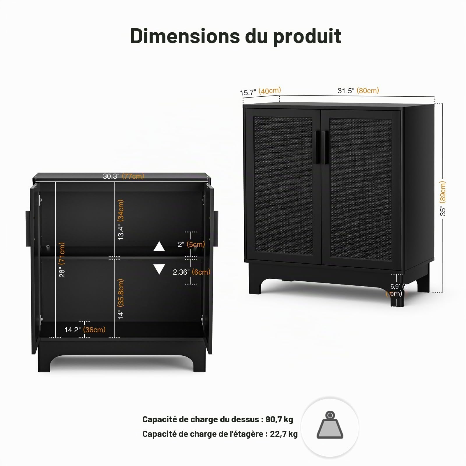 Noir Meuble de Rangement et Rotin, Buffet Salon Moderne avec Étagères Réglables, Meuble de Cuisine avec 2 Portes, Armoire de Rangement pour Salon, Cuisine, Chambre