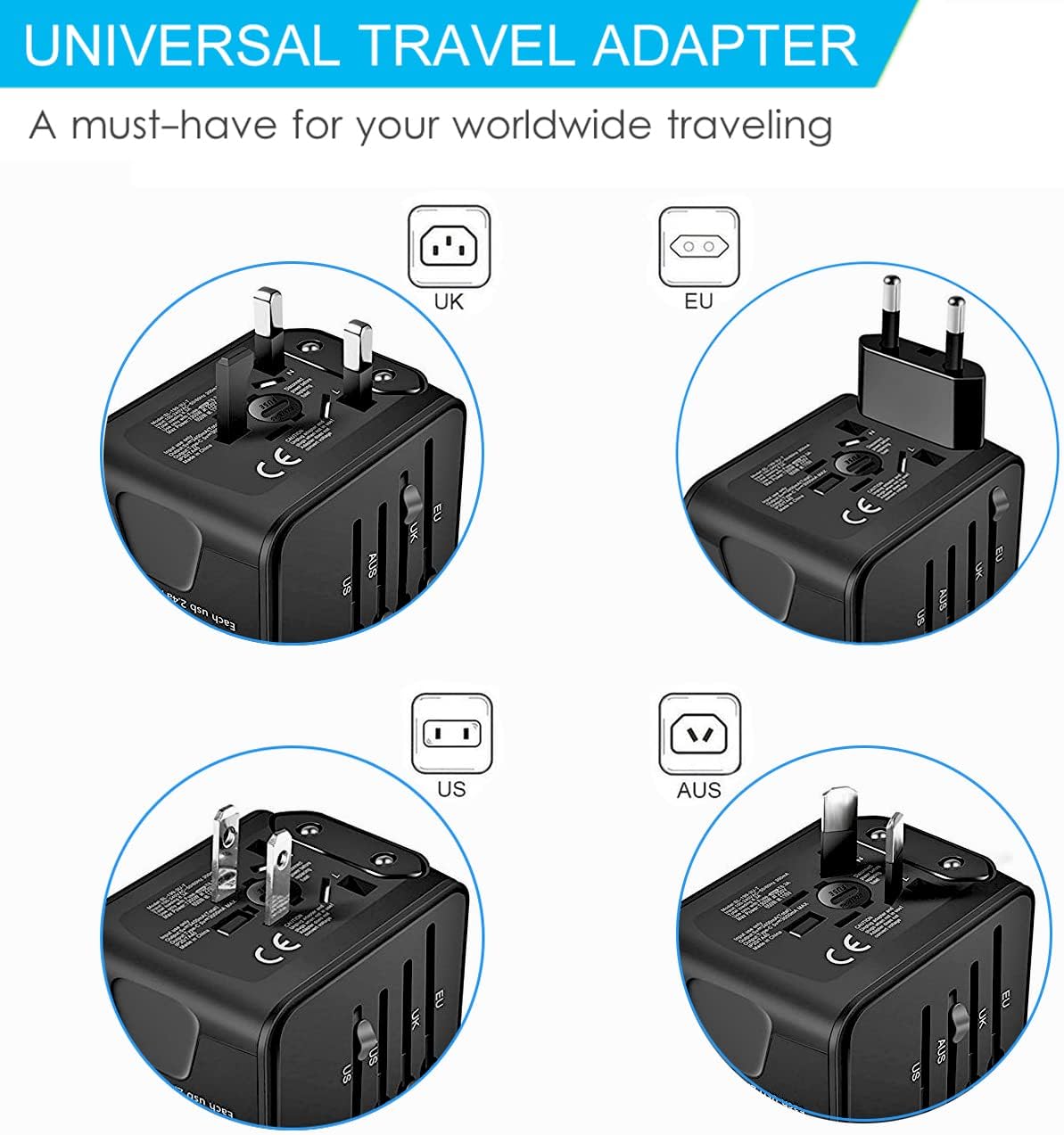International Travel Adapter, All in One Power Adapter with High Speed 3 USB & T... 3