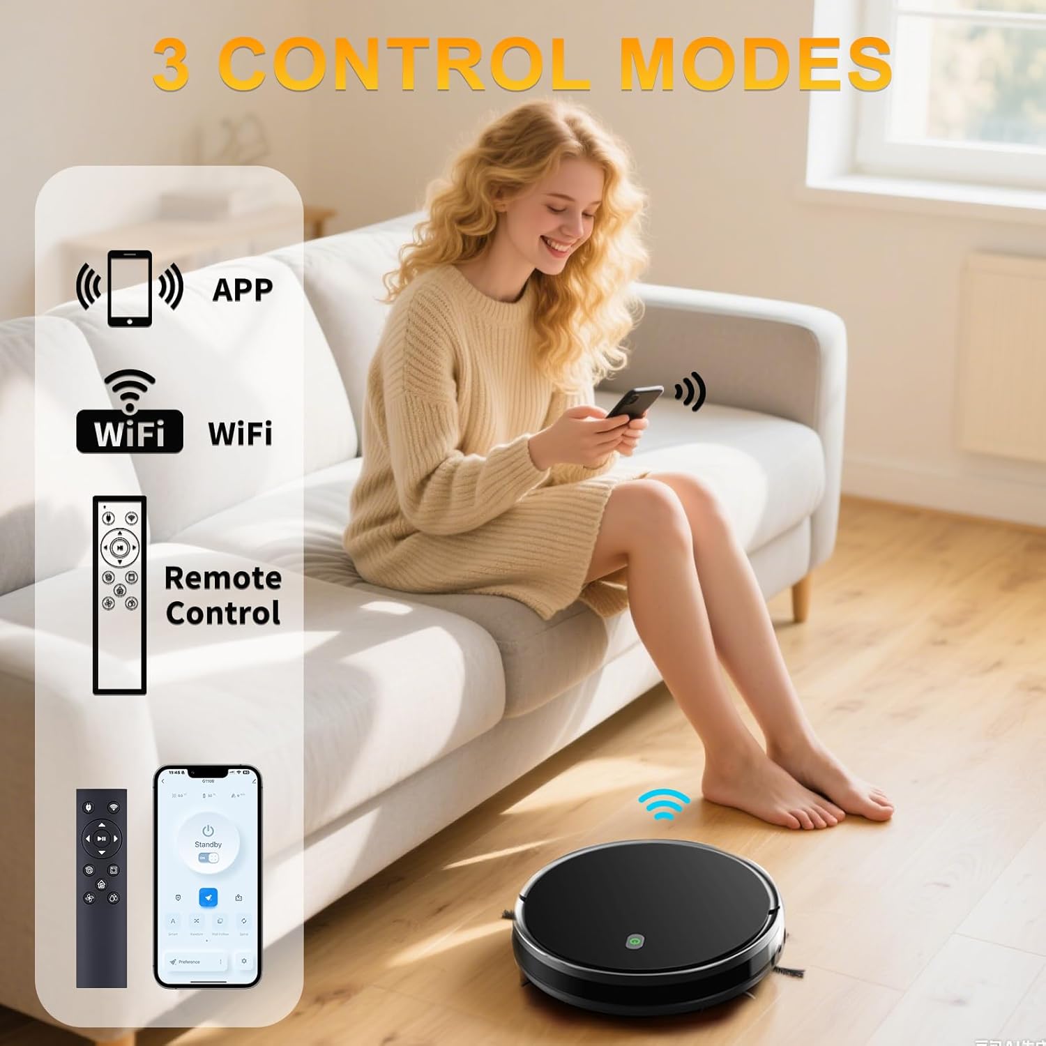 Robot Vacuum Cleaner 2000Pa Vacuum Cleaner Robot Navigation with high efficient Roller Brush, 60dB Robot Vacuum Cleaner with APP Control,Blue Tooth, Ideal for Pet Hair, Carpets, Hard Floors