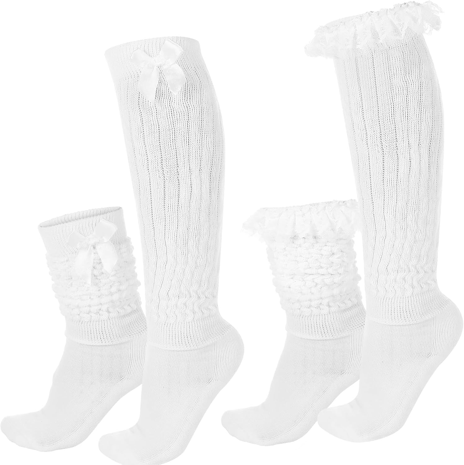 Suhine 2 Pair Oktoberfest Socks German Dirndl Knee High Socks with Bows Lace Trim Ruffle White Stockings for Women Bow Lace