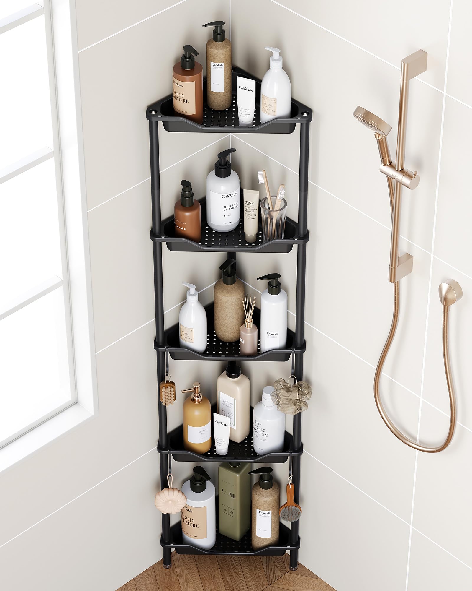 Orimade Organizador de ducha de esquina de 5 niveles a prueba de óxido, estante de esquina de plástico de aluminio para baño, color negro