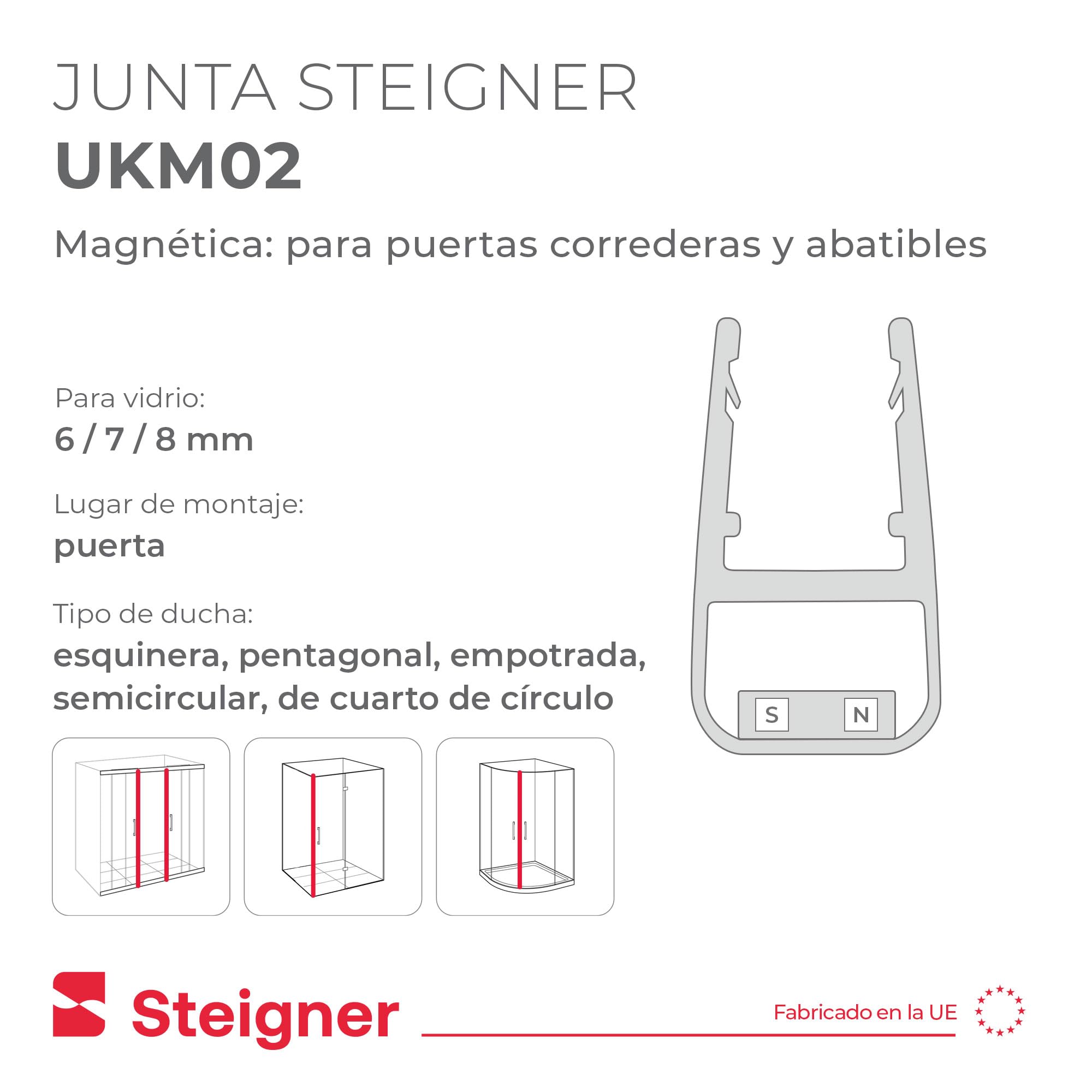 STEIGNER Juntas mamparas duchas imantadas UKM02 153 cm (2 ud.) - Juntas magnéticas 180° para ducha angular, pentagonal, semicircular, empotradas o de cuarto de círculo con puerta 6-8 mm - Impermeable
