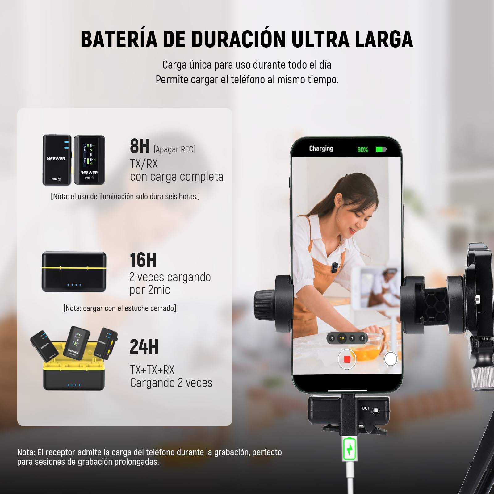 NEEWER CM28 Micrófono Lavalier Inalámbrico,Cancelación Ruido Inteligente,Grabación 48KHz/16Bit 9hrs Autonomía,Alcance 200m 4GB Almacenamiento para iPhone Android Cámara,1 RX + 2 TX + + Estuche Carga