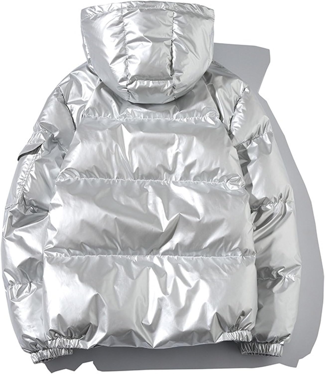 DGHM-JLMY Men's Metallic Full Zip Down Quilted Puffer Jacket Glossy Padded Winter Hood Coat Warm Plus Size Shiny Hooded Coat (Silver1,Large)