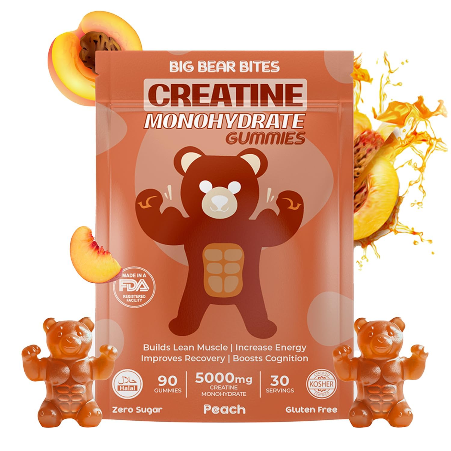 Creatine Monohydrate Gummies for Men & Women | 5000mg of Creatine Gummies per Serving | Sugar, Gluten Free & Halal | Pack of 90 for Pre Workout & Muscle Recovery | Peach Flavor
