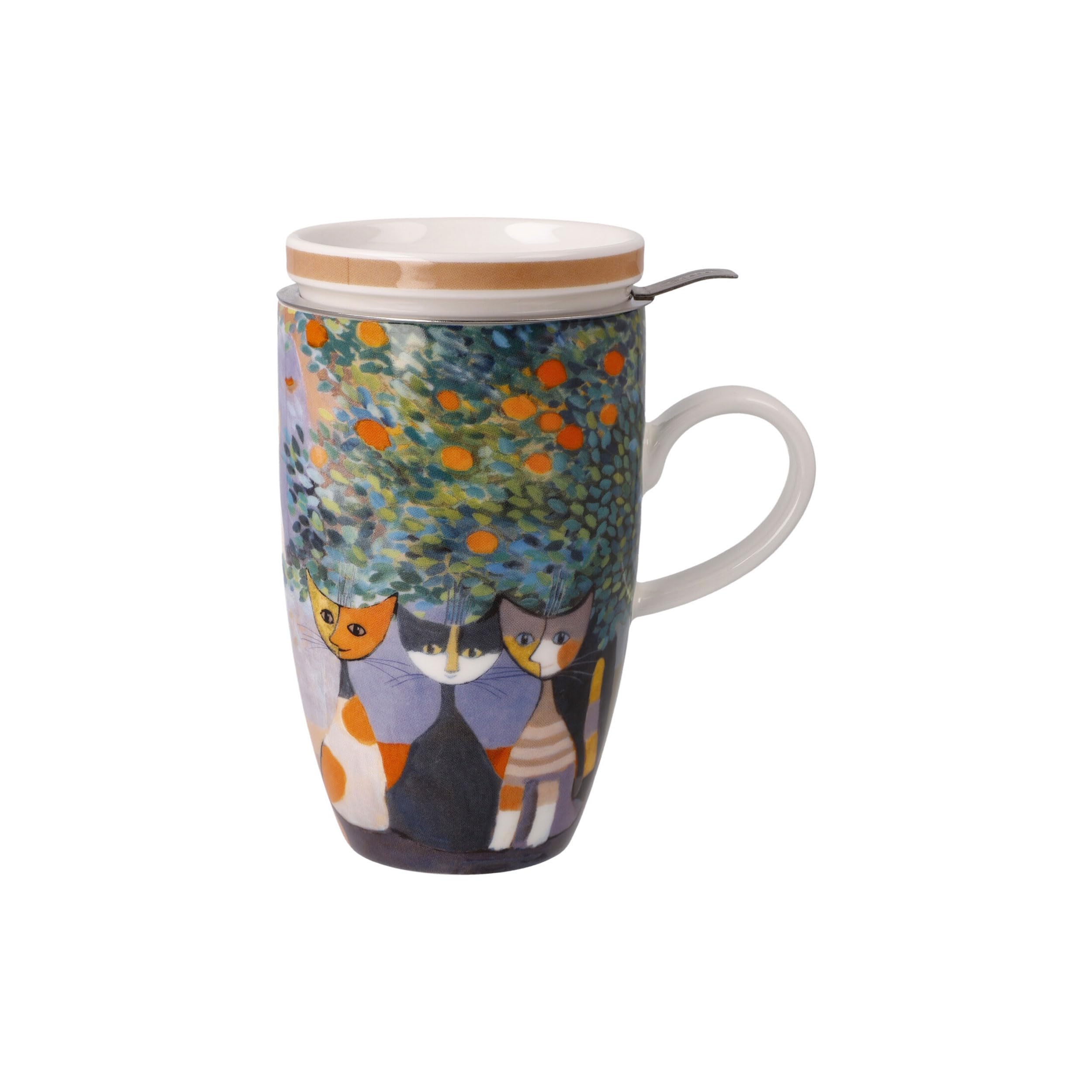 Goebel 66-861-32-1 - Tazza da tè con coperchio e colino Rosina Wachtmeister - Tempi felici in fine bone cinese, metallo, colore: Multicolore, dimensioni: 11,5 x 8 x 14 cm