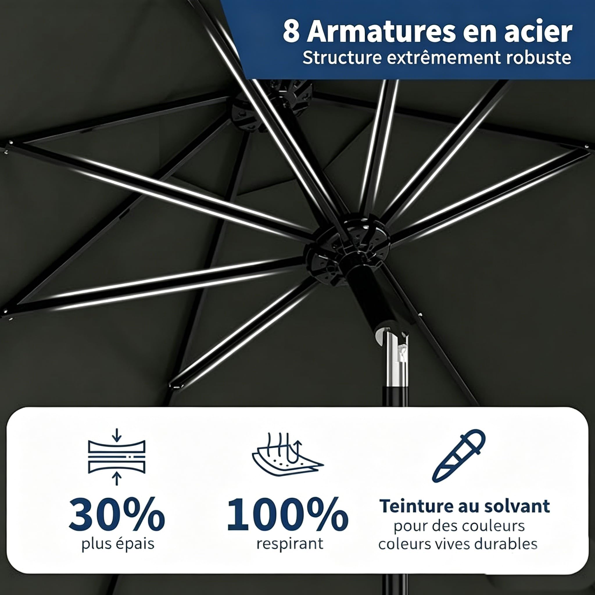 Parasol Jardin 270cm UV50+ Manivelle Inclinable 8 Baleines