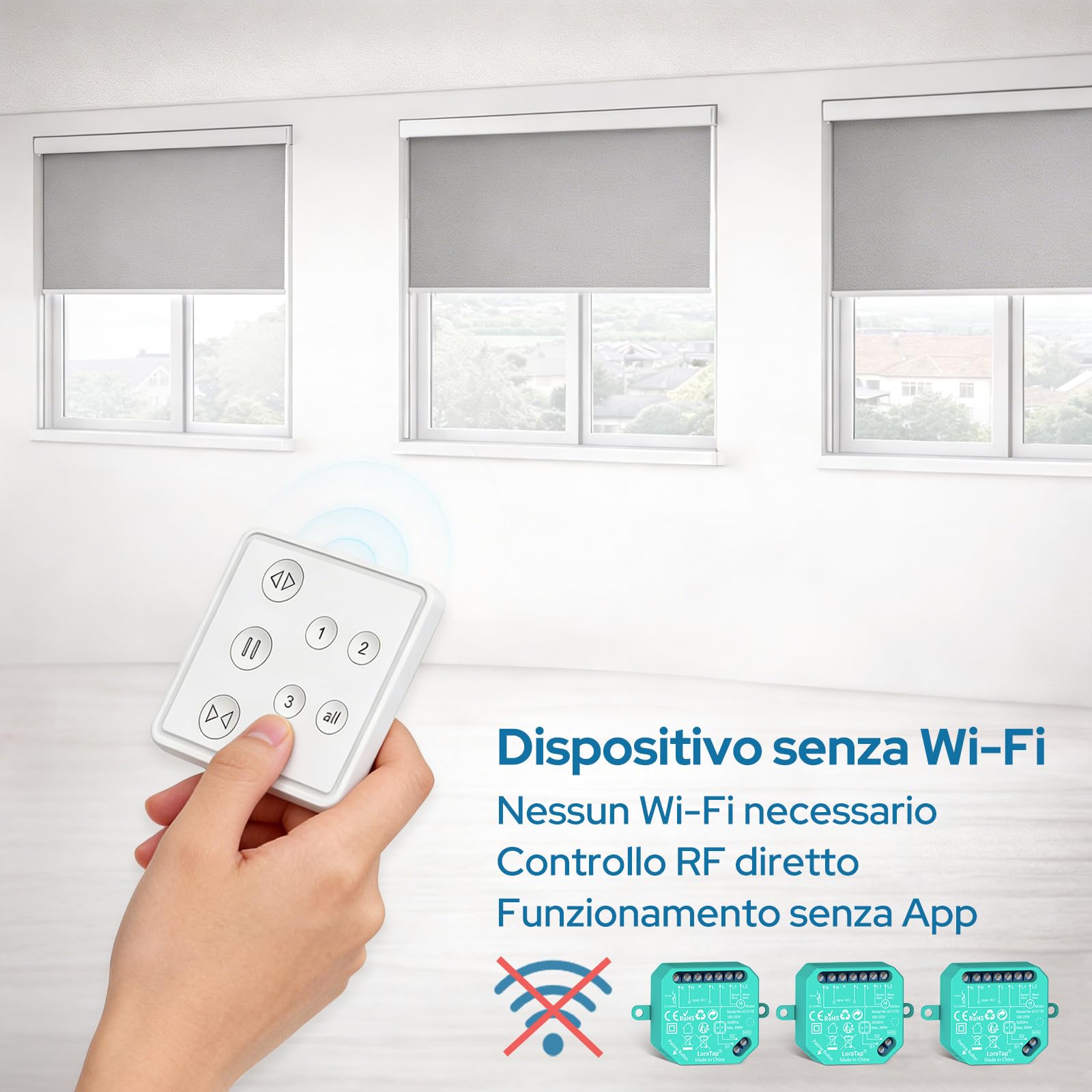 LoraTap Comando 3 Tapparelle: 1 Telecomando 3 Motori Senza Ricablaggio 230V | Singolo o tutti – Niente Wi-Fi o app – Interruttori mantenuti – Veneziana/Tenda da sole/Aprifinestra