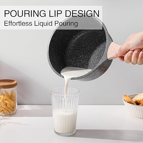 Miniatura 4 de Kordisen Juego de Cacerolas con Tapa, 1.5QT y 2.5QT Ollas Pequeñas Antiadherentes con Revestimiento de Granito, Cacerola con Pico Vertedor, Sartenes