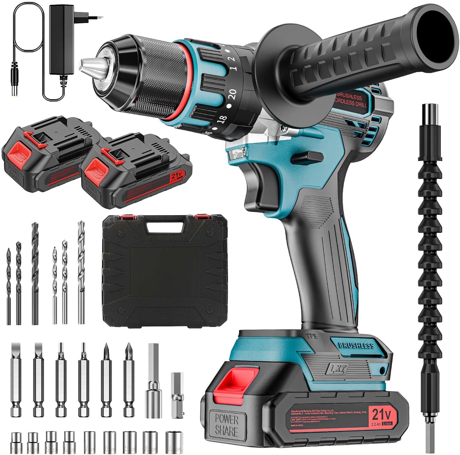 PONOSEU Trapano Avvitatore a Batteria 21V Brushless 80 Nm – Set Professionale con 2 Batterie 2.0Ah, 2 Velocità, 20+3 Regolazioni, LED e Accessori – Per Cantiere, Officina e Ristrutturazione (XL02-H)