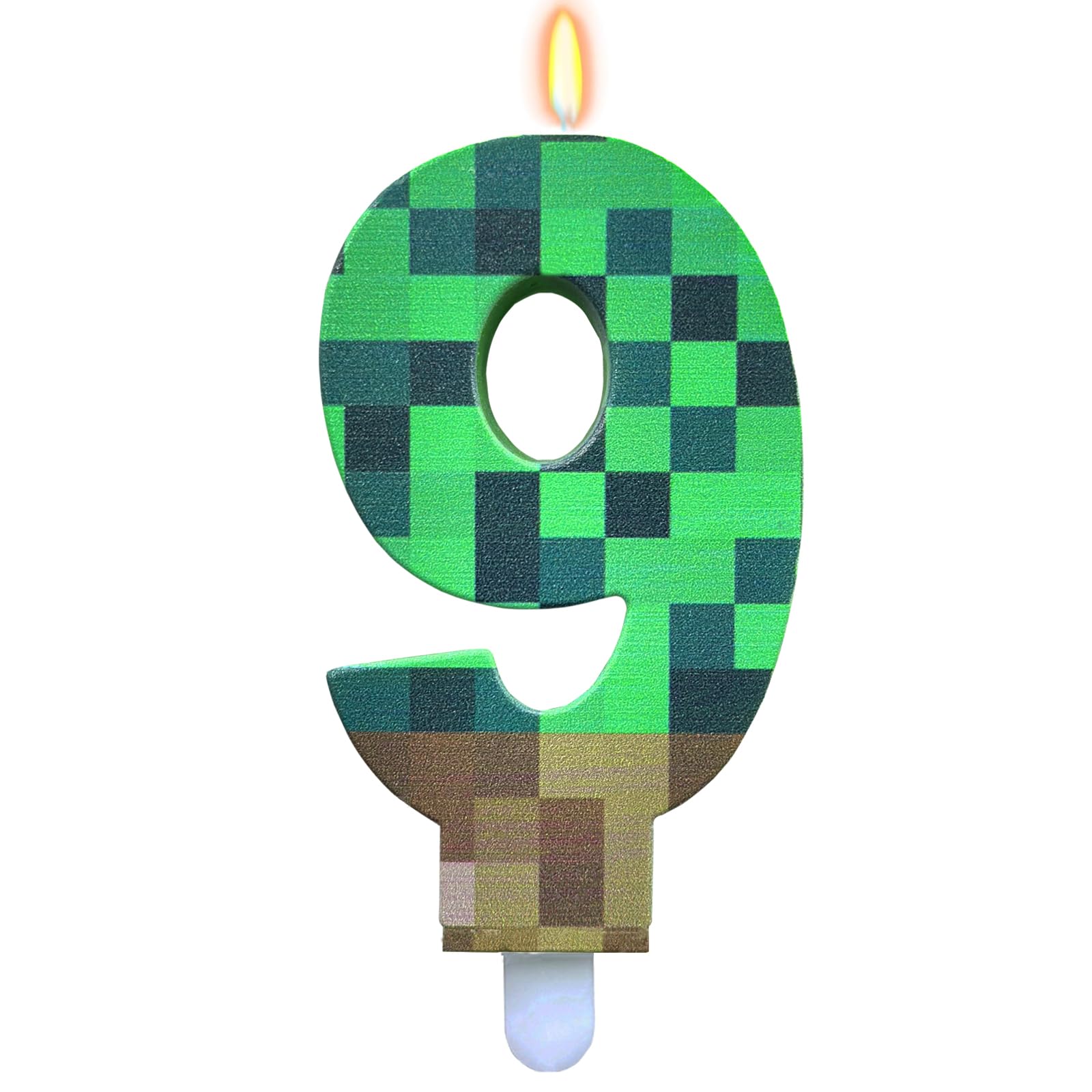 Bolosa Pixel 9th Birthday Cake Candle for Video Game Party Decorations, Miner Theme Number 9 Candle in High Quality Wax, 9.5cm Green Pixelated Birthday 9 Candle for Gaming Theme Cake Topper