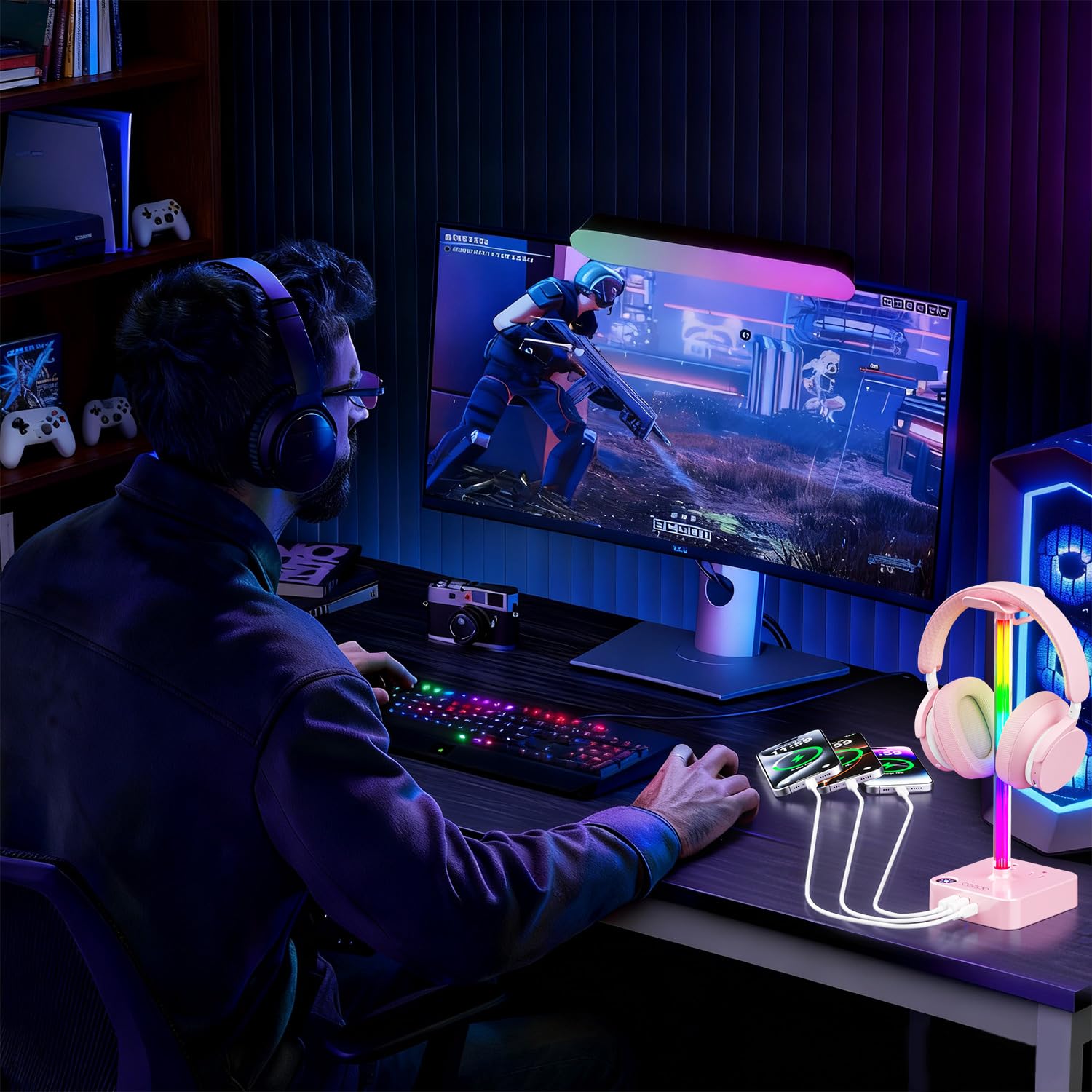 cozoo Regali per ragazze adolescenti carino rosa RGB cuffie stand e stazione di ricarica, 3 prese USB 2 AC – elegante supporto per cuffie da gioco, scrivania e sala giochi, regali di Natale per