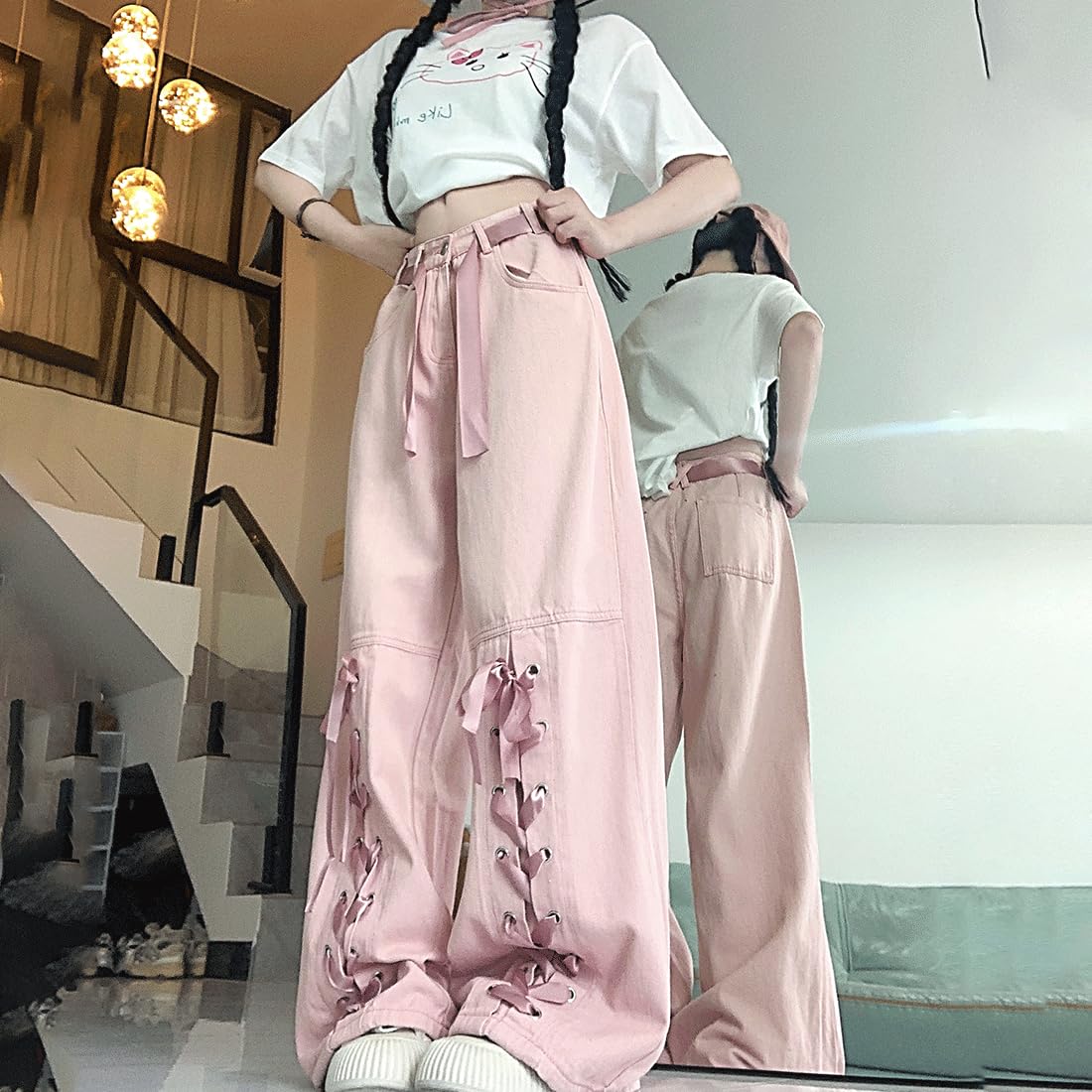 Harajuku Y2K Kawaii Gothic Vintage Casual Style High Waisted Straight Wide Leg Ribbons Trim Pink Denim Pants: Pink Medium
