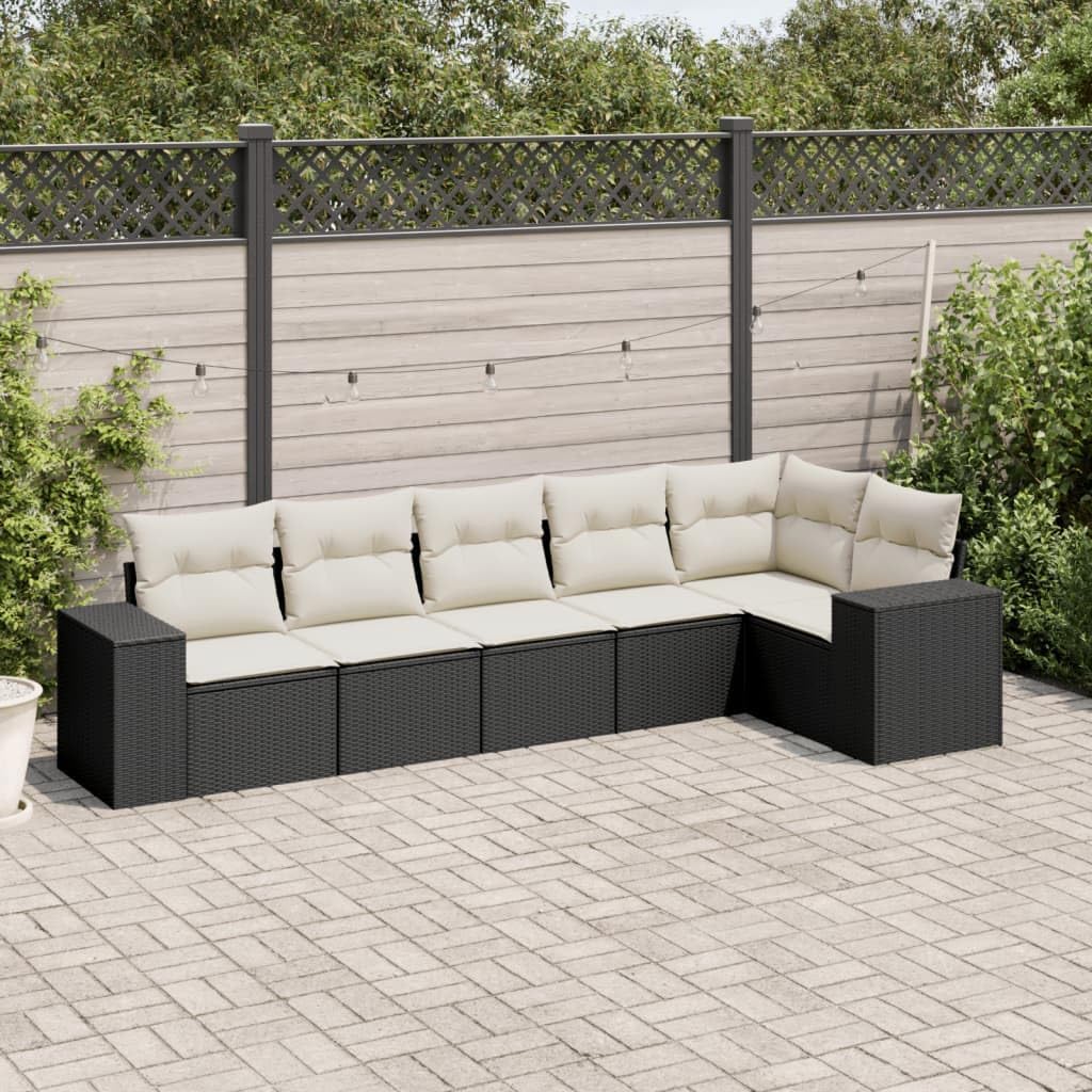 6-Piece Outdoor Garden Sofa Set in Black and Cream with PE Rattan and Adjustable Feet for Patio Balcony Modular Seating
