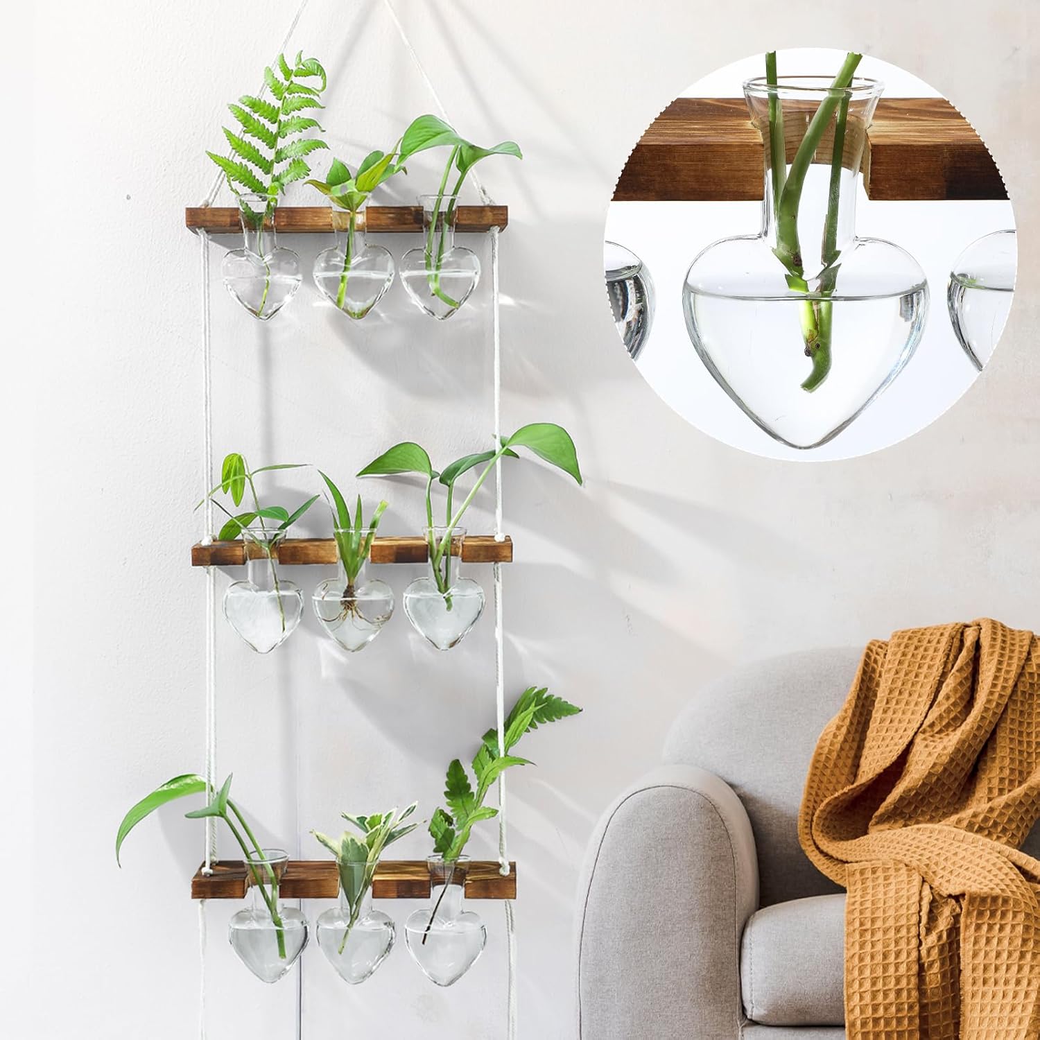 Leinuosen Wall Hanging Plant Propagation Stations Valentines Gifts for Her Plant Lovers 3 Tiered 9 Heart Shaped Glass Vases Terrarium with Wooden Stand for Hydroponics Indoor Home Decor(Clear) - Image 7