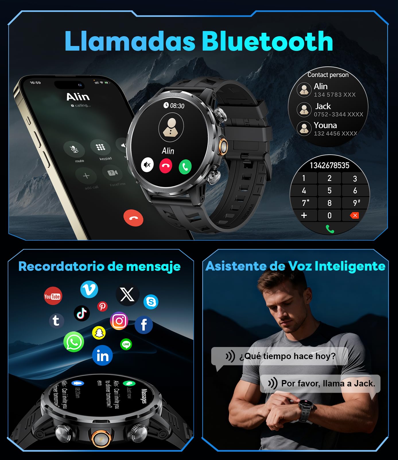BENYAR Reloj Inteligente Hombre con 1000mAh/Linterna/1.7'' HD Grande Smartwatch Hombre con Llamadas/Doble Carga/IP68 Impermeable/100+ Modos Deportivos/Pulsómetro/Sueño/Pulsera Actividad Android iOS