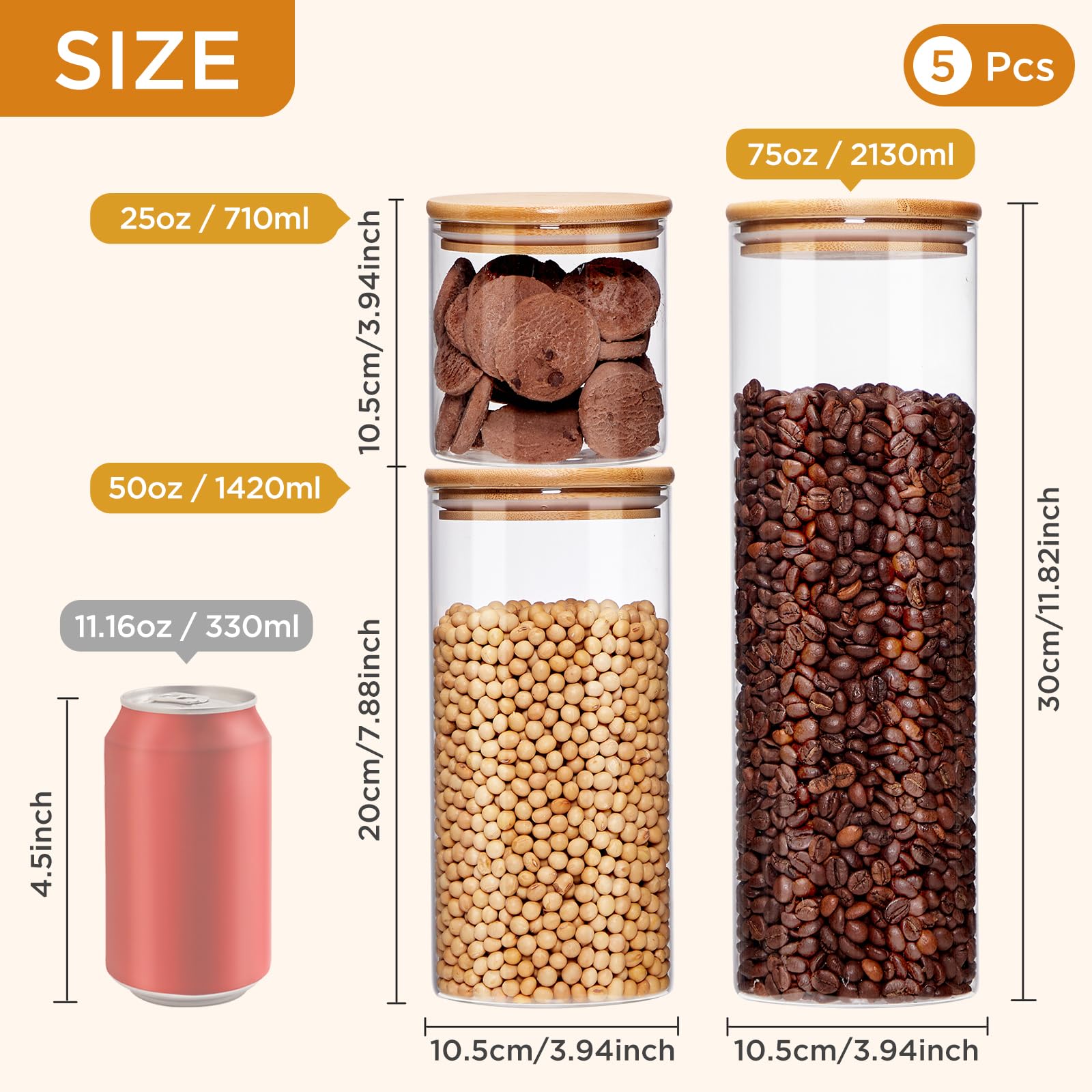 Juegos de recipientes para la cocina (juego de 5), perfectos para pasta, galletas, frutos secos, café, cereales, harina y más, organiza tu cocina y despensa con estos tarros de vidrio sin BPA