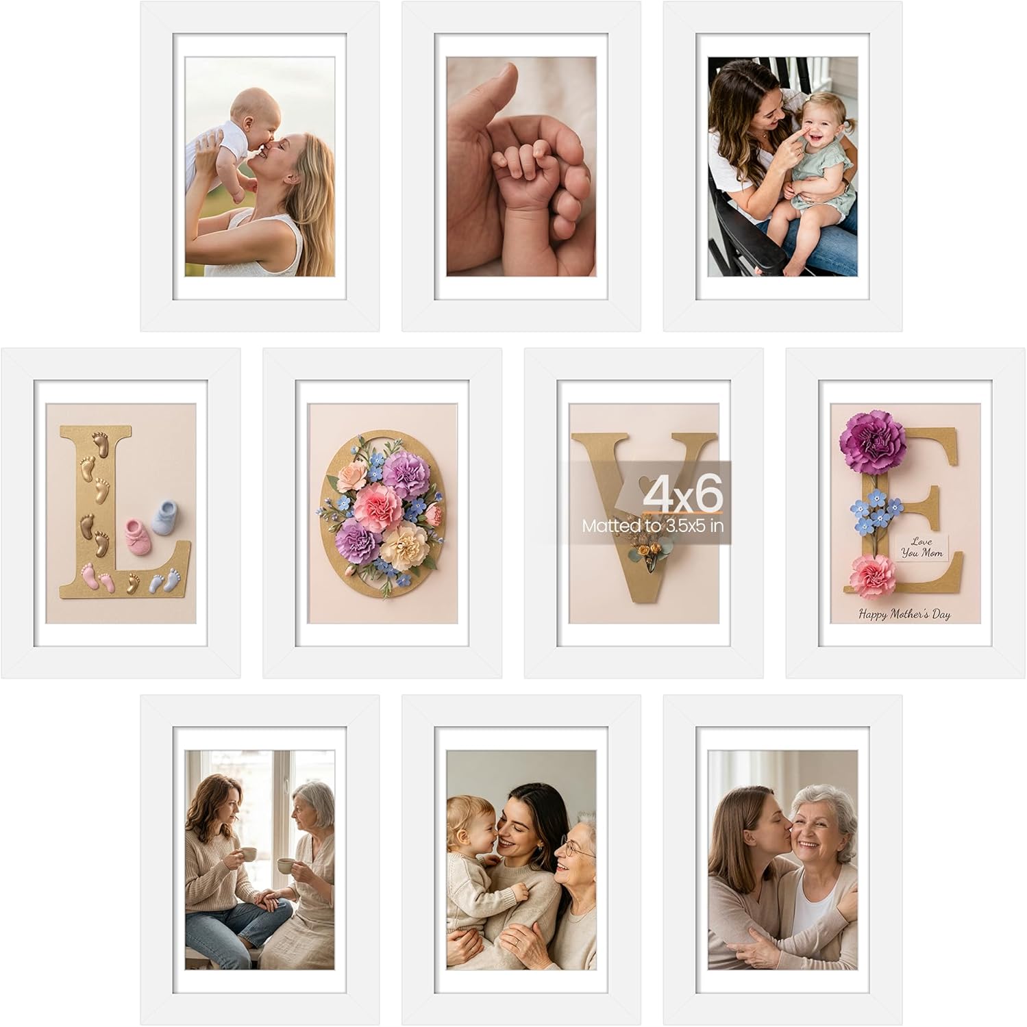 upsimples 8x8 Picture Frame Set of 10, Display Pictures 4x4 with Mat or 8x8 Without, Multi Photo Frames Collage for Wall or Tabletop Display, Black