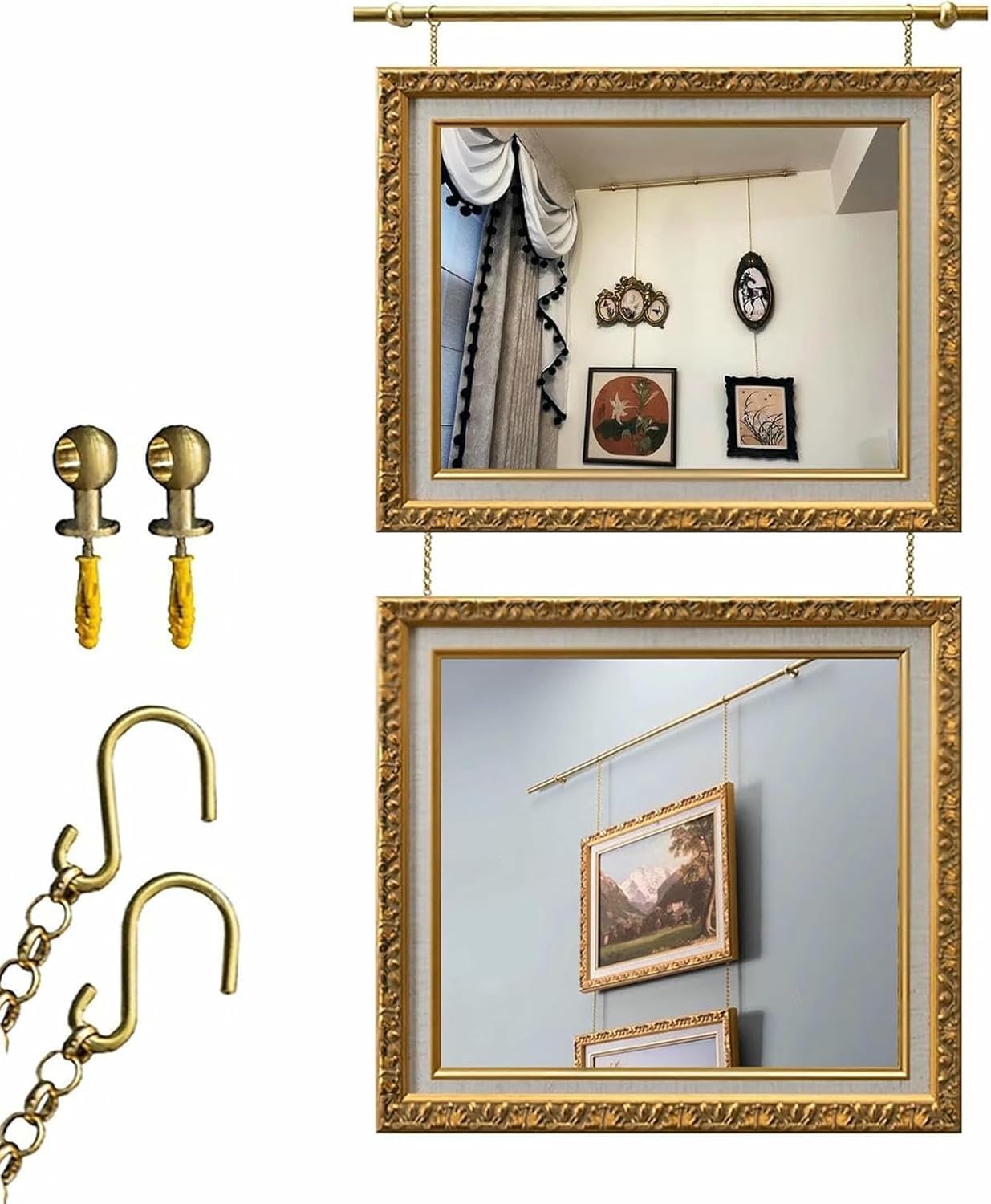 Picture Rail Hanging System Gold Gallery Picture Rail Hanging Kit Brass, Metal Picture Hangers Wall Decor for Concrete, Indoor Art Picture Hanging Track and Photo Display R(160cm/63in/5.2ft