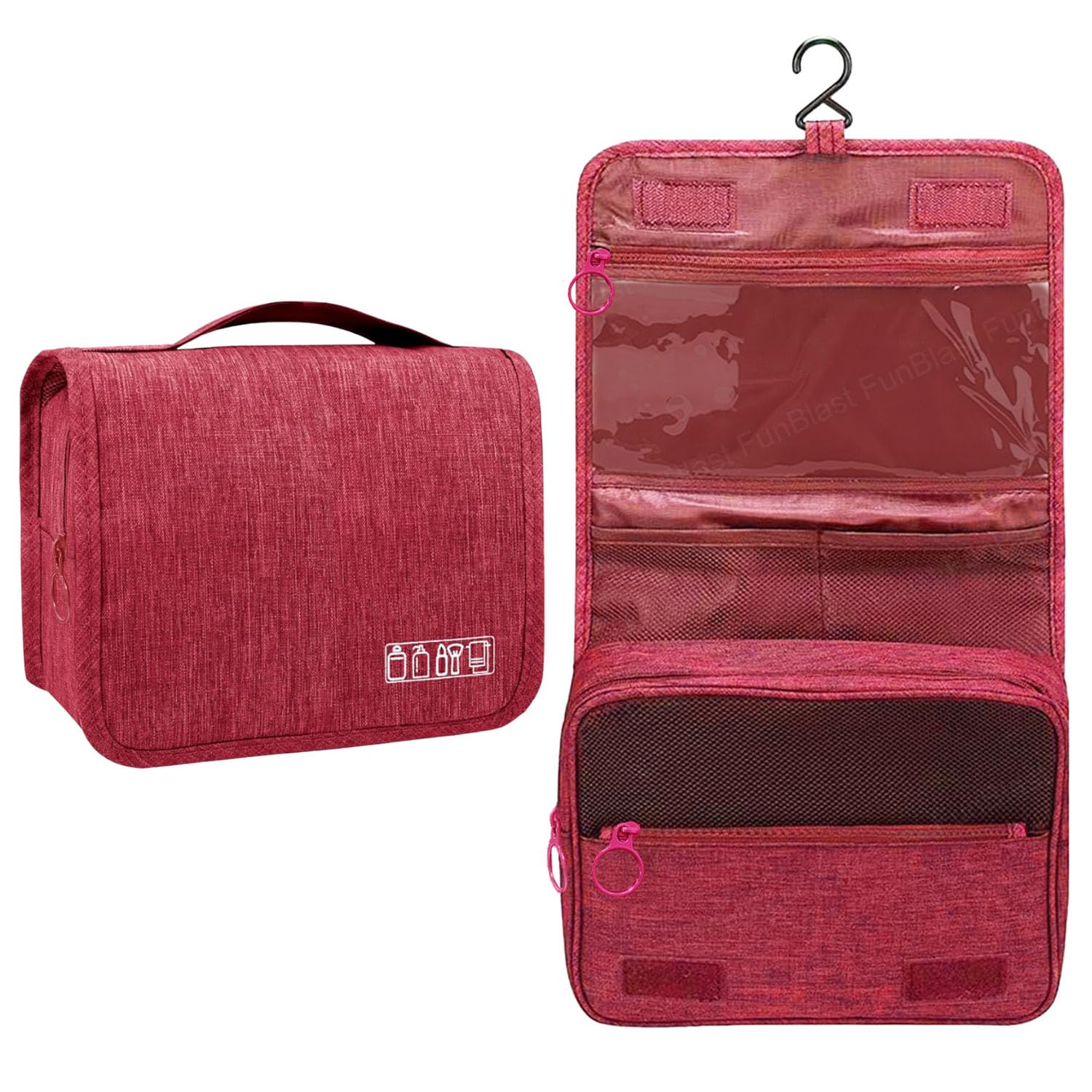 FunBlast Toiletry Bag With Hook – Organizer Pouch for Travel Accessories, Shaving Kit, Cosmetics & Medicine Holder for Men & Women (Maroon)