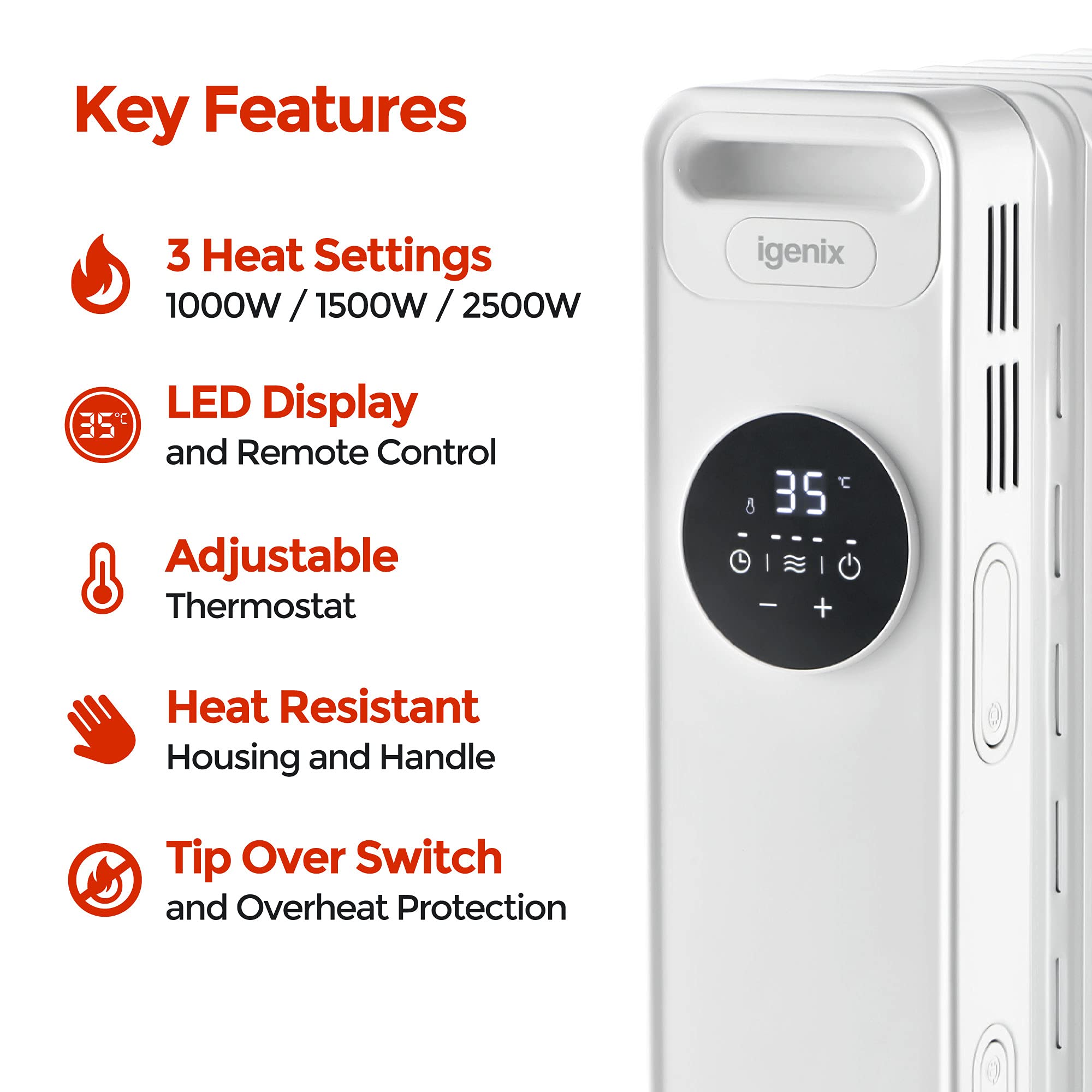 Igenix IG2626 Digital Oil Filled Radiator, 2.5kW/2500W 13 Fin Electric  Heater with Remote Control, 3 Adjustable Heat Settings u0026 Overheat  Protection, 2500 W, White : Amazon.co.uk: DIY u0026 Tools