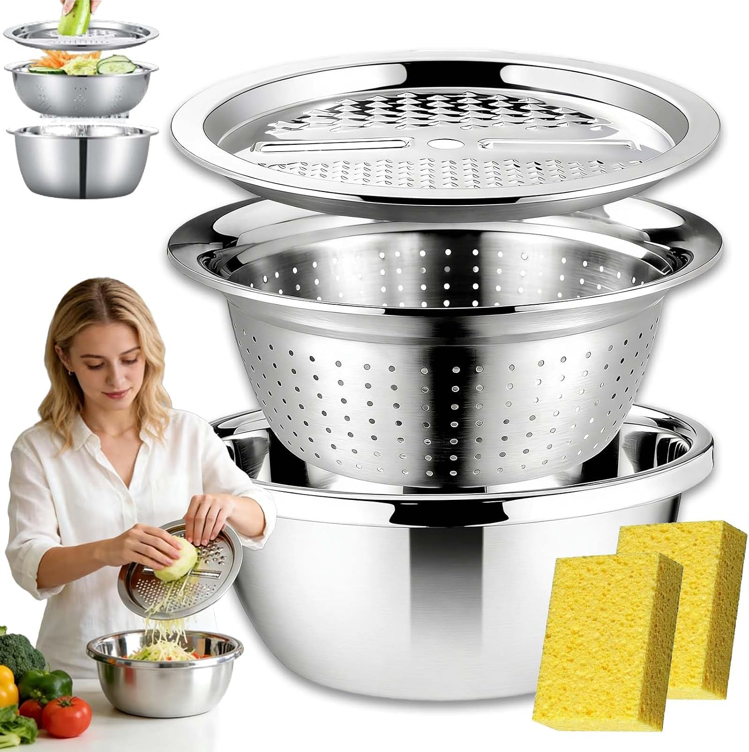 Rallador de Acero Inoxidable 3 en 1 con Canasta de Drenaje miniatura 1