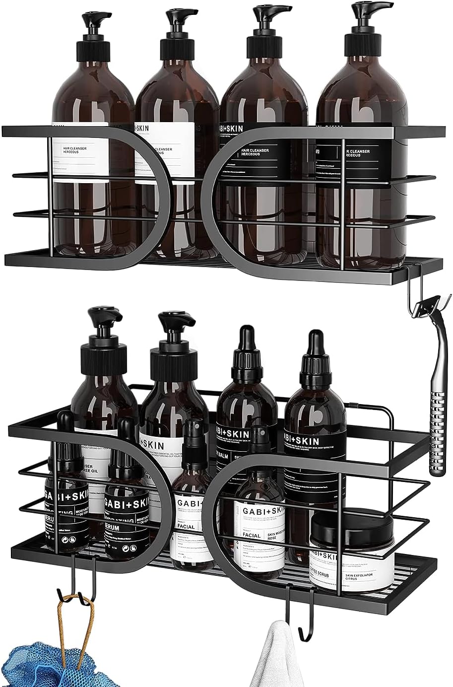 Shower Caddy No Drill Adhesive Wall Mounted SUS304 Stainless Steel Durable Large Capacity Shower Rack Organizer Quick Dry Rustproof Bathroom Storage Shelves - 2 Pack (Black)