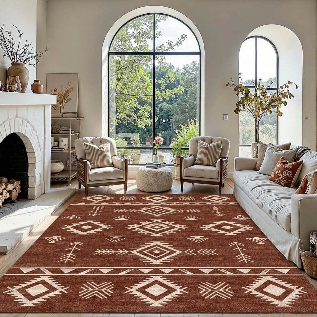 5x7 Area Rug Southwestern Tribal Geometric Rug with Non Slip Backing, Washable Low Pile Red Brown Cream Carpet for Bedroom, Living Room, Dining Room, Home Office