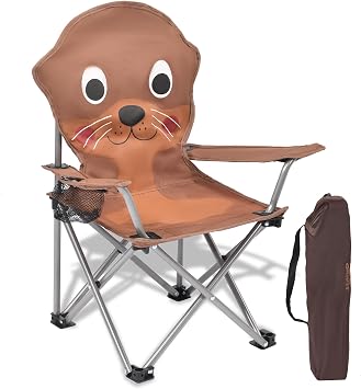 XMT Kids Folding Chair with Cup Holder - Portable Lightweight Outdoor & Indoor Chair for Children Ages 3-9, Anti-Slip Base, Sturdy Metal Frame, Compact Foldable Design with Carry Bag Yellow/Brown