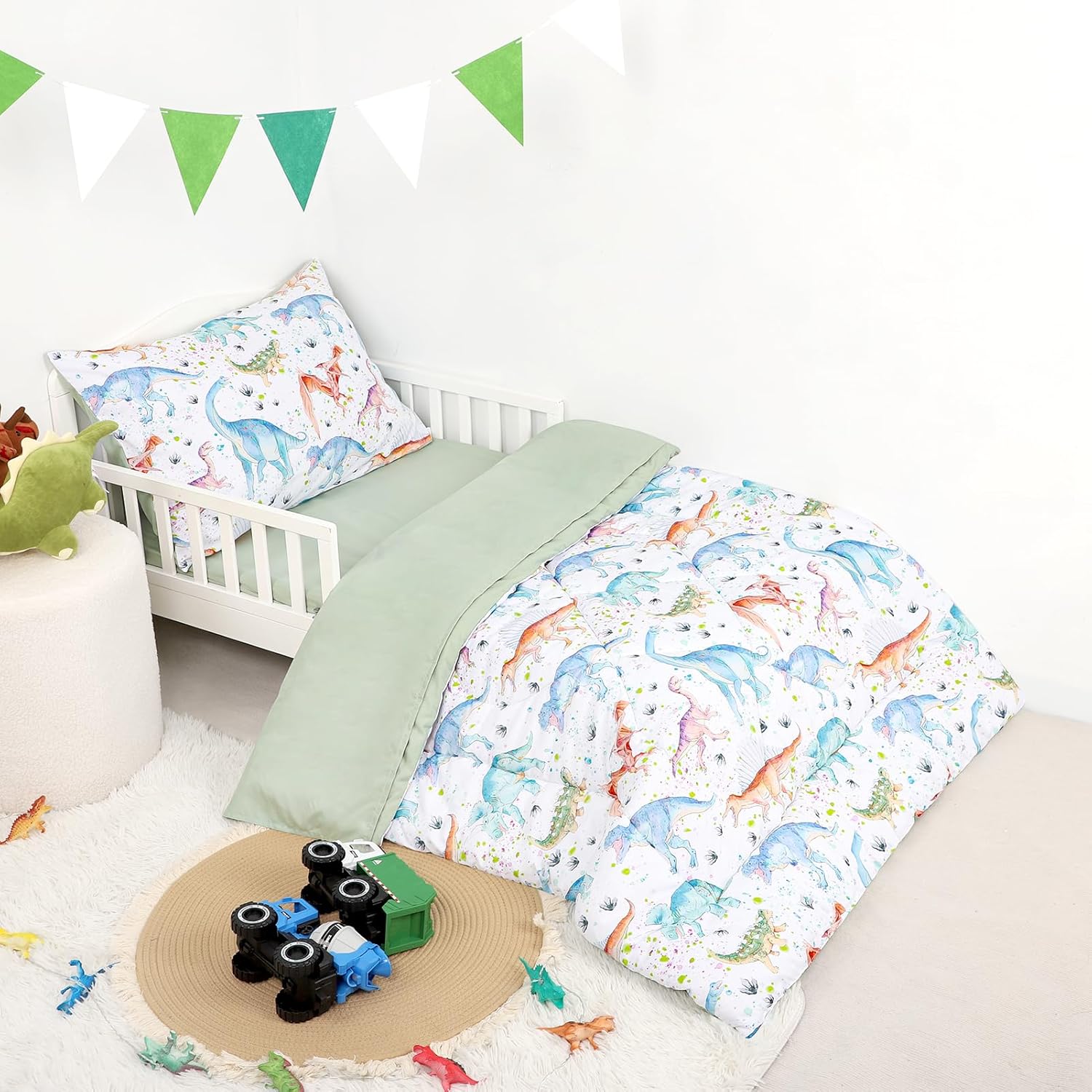 GFU 4 Piece Toddler Bedding Set, Ultra Soft and Breathable Toddler Comforter Sets for Goys Includes Quilted Comforter, Fitted Sheet, Flat Sheet and Pillowcase, Colorful Dinosaur - Image 4