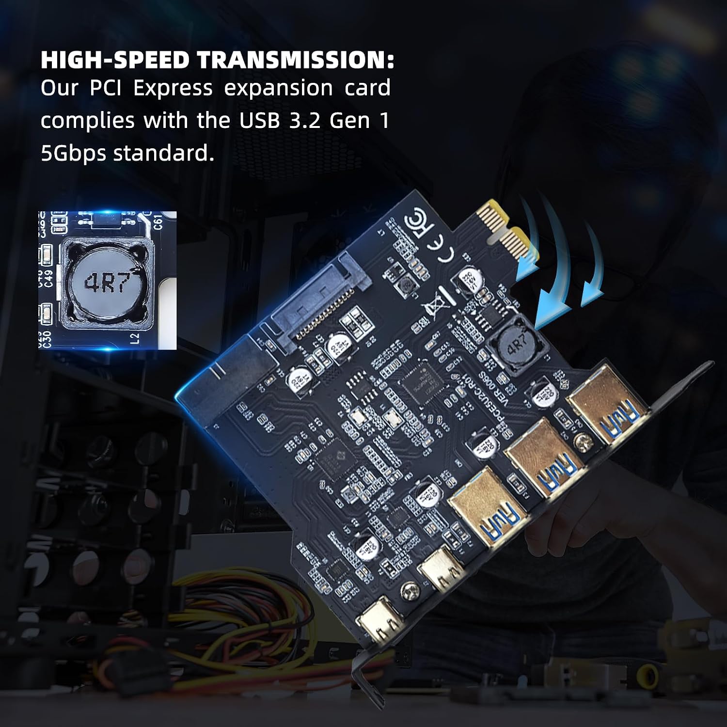 PCIe to USB 3.2 Gen 1 Card, PCI Express Internal USB Hub Converter with 19 Pin Connector Type A Type C 5 Port Expansion Adapter Card for D720201 Controller