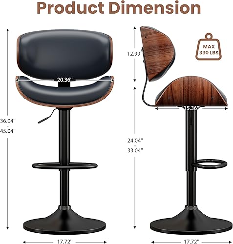 Miniatura 3 de Juego de 2 taburetes de bar, taburetes de bar giratorios de altura ajustable Bentwood, silla de bar tapizada en piel sintética con respaldo y