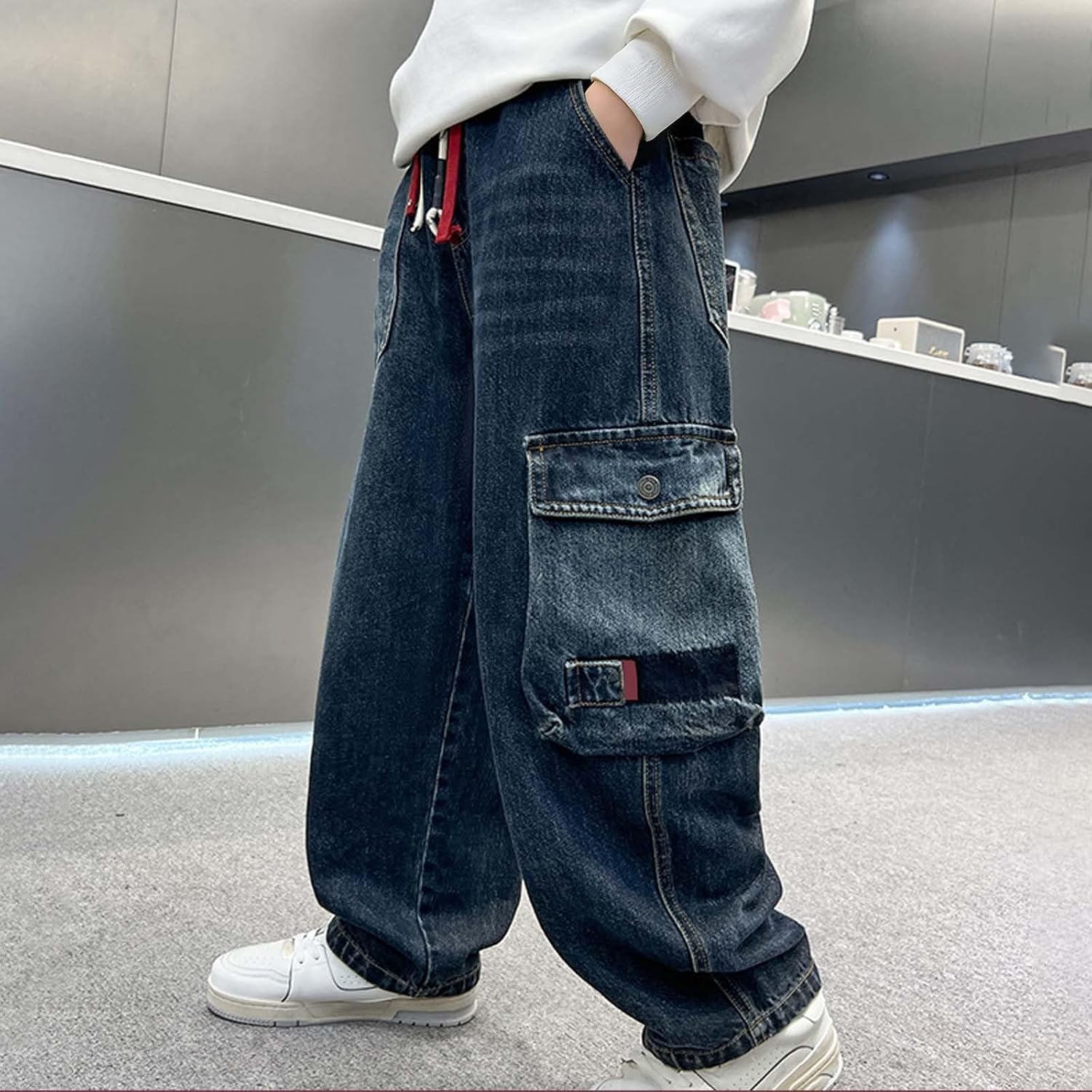 Baggy Jeans for Boys Kids Elastic Waist Ripped Wide Leg Cargo Pants Distressed Denim Pants Kids Casual Y2K Jeans