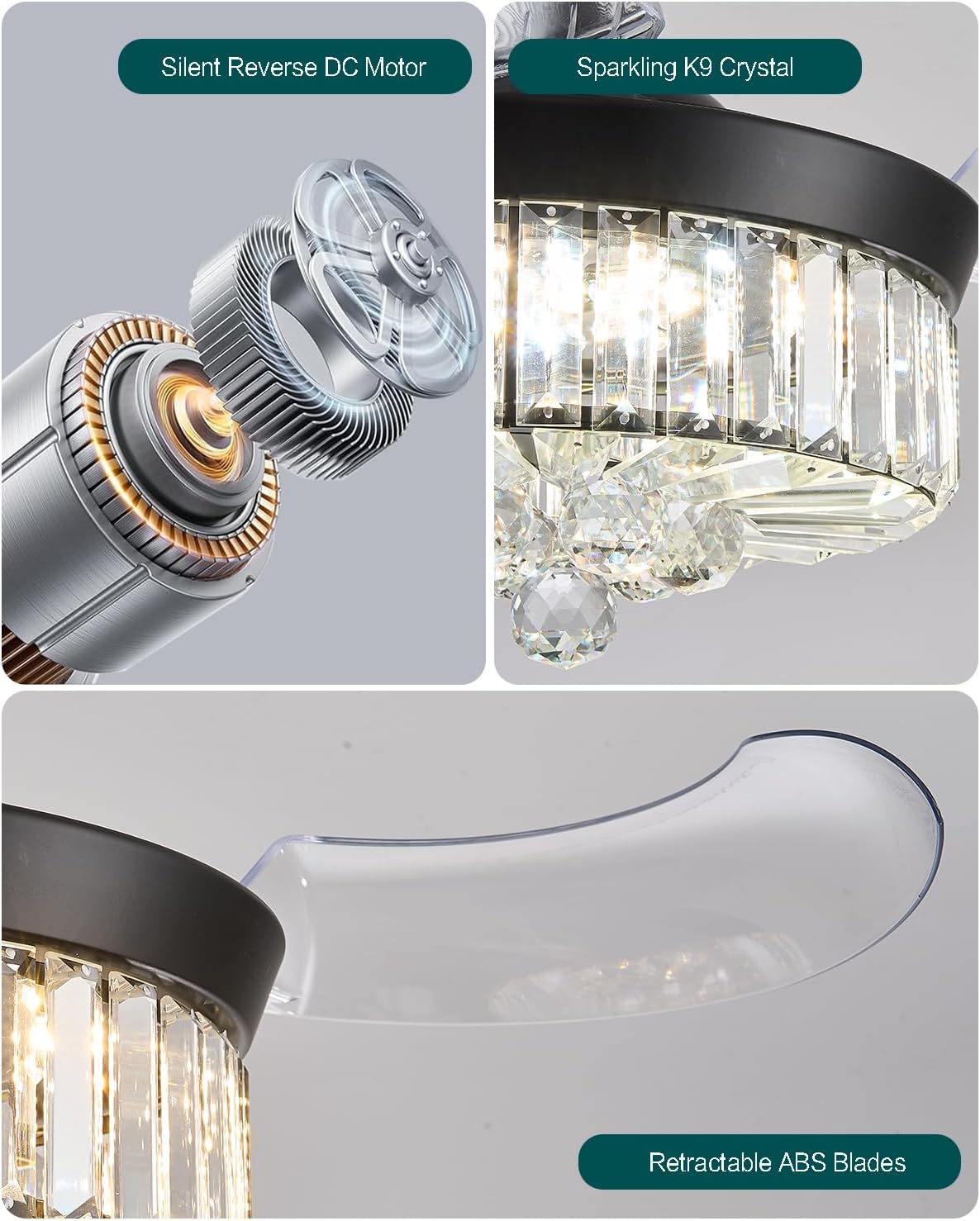 30 Inch Black Crystal Chandelier Ceiling Fan with Lights, Retractable Blade Dimmable Fandelier Ceiling Fans for Bedroom, Living Room