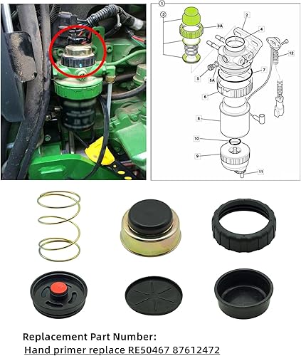 Miniatura 4 de Taruimoo RE50467 87612472 Filtro de combustible Imprimación manual compatible con John Deere Excavator 80 110 Tractor Feller Buncher Cotton Picker