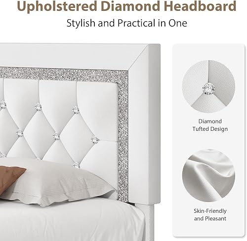 Miniatura 4 de Base de cama tamaño matrimonial con cabecera de botones copetudos, plataforma tapizada con diseño de diamante, soporte de listones de madera, no