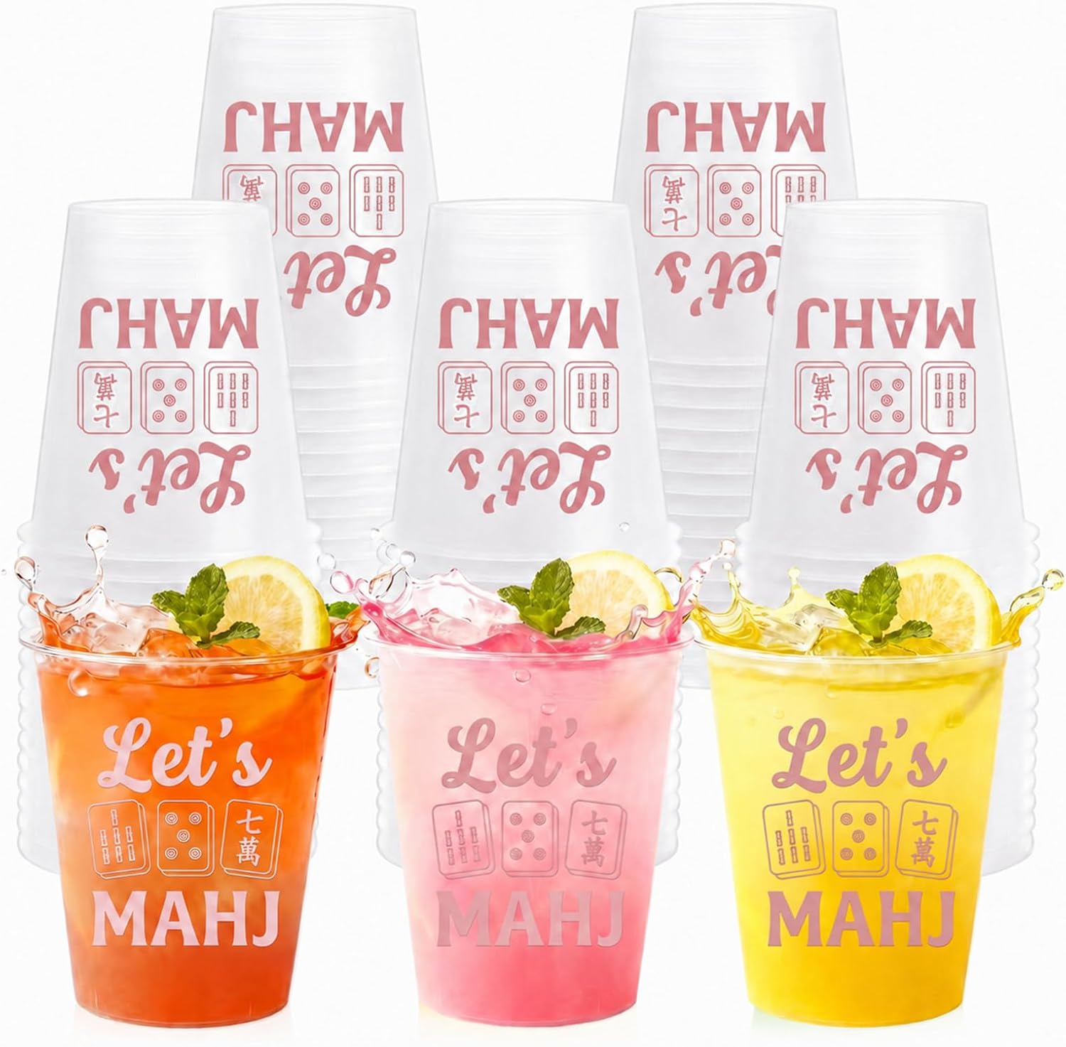 50 Pack Mahjong Cups, 12 oz Reusable Plastic Drinking Cups with Colorful Tile Design for Game Night, Birthday Party, Club Gathering and Table Decor