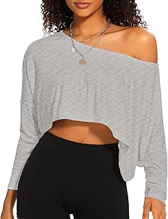 Off The Shoulder Crop Tops for Women Long Sleeve Crop Top Oversized Workout Boat Neck Summer Loose Casual T Shirt