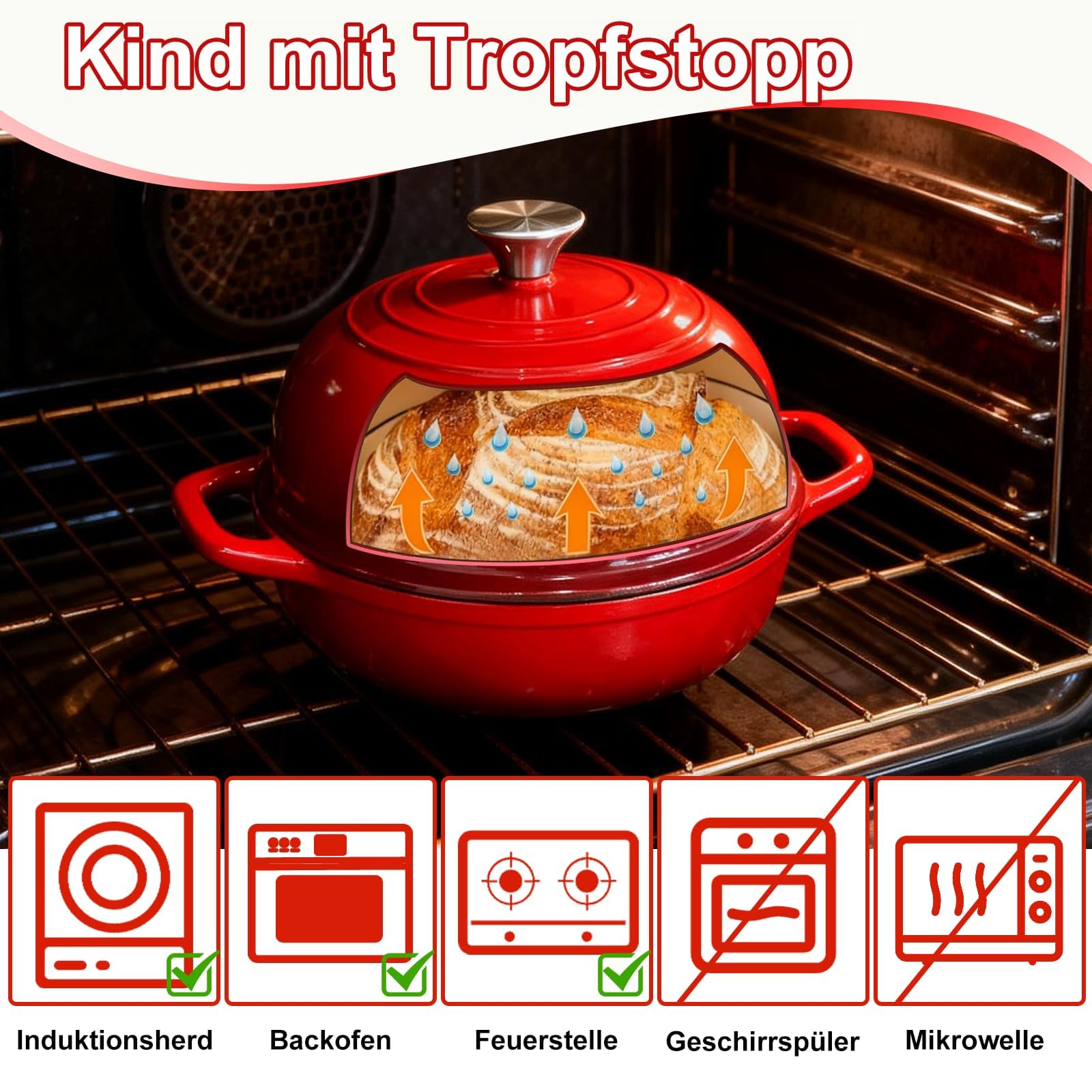 Gusseisen Topf Brot Backen,5,7L/26cm Bräter Emaille Schmortopf
