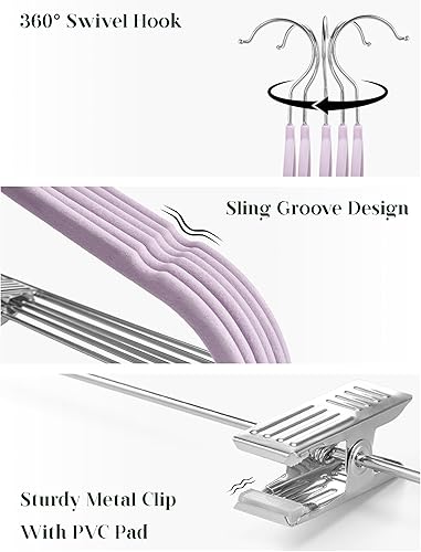 Miniatura 3 de Cozymood Perchas de terciopelo para faldas, paquete de 24 perchas de terciopelo morado con clips, ultra finas y antideslizantes de terciopelo para