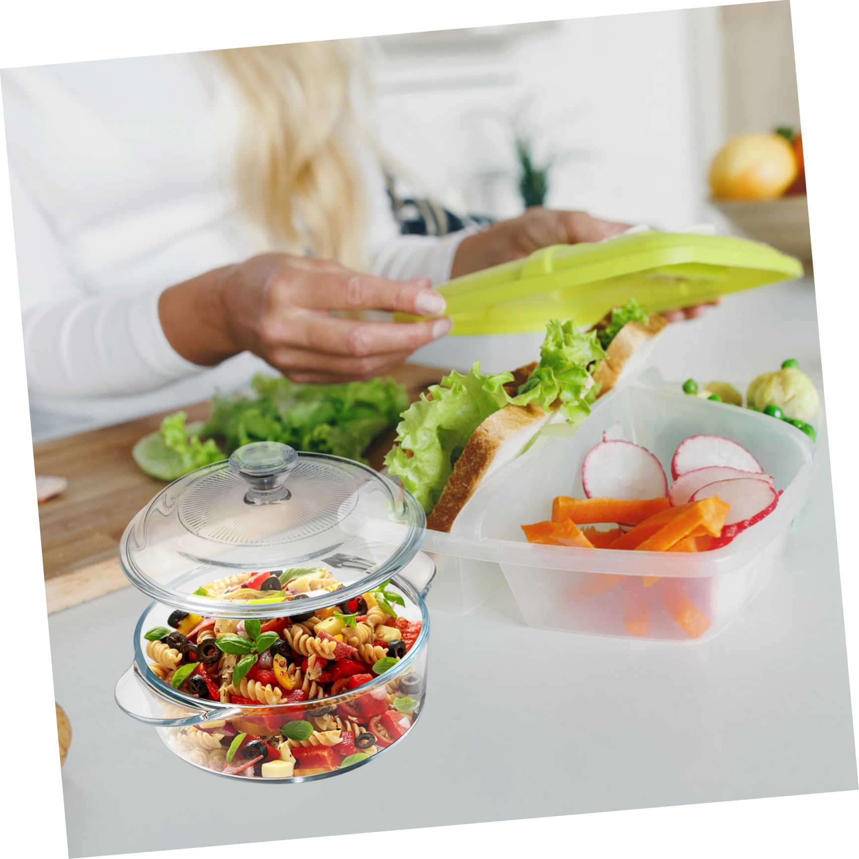 Cabilock Ensaladera de Cristal Transparente con Tapa, 1l, Doble Asa | Vidrio, Conserva la Comida, Transporte Sencillo, Manejo Cómodo Cuenco para Servir en Cocina u Oficina