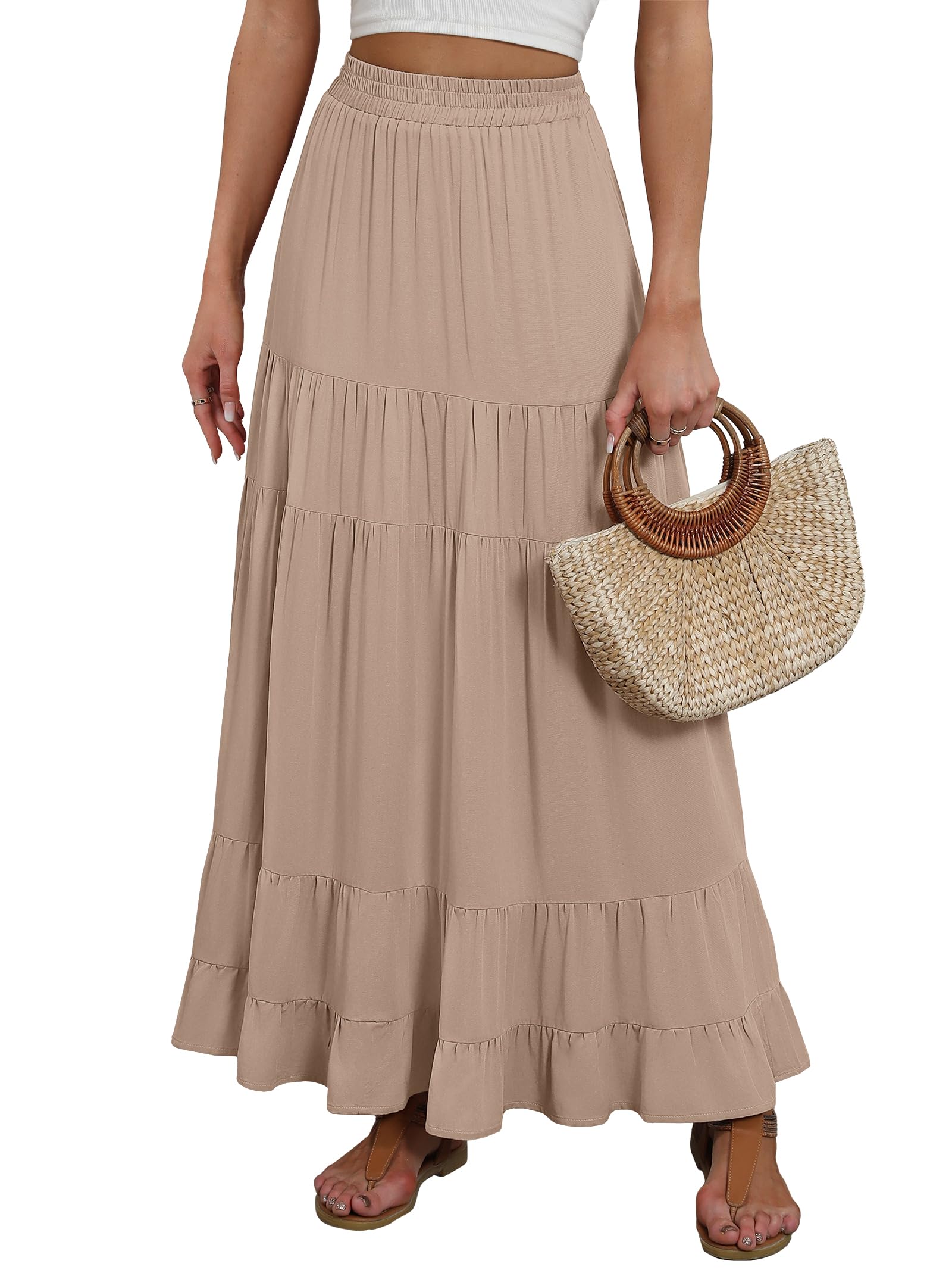 ANRABESS Womens Maxi Skirt Elastic High Waist Swing Tiered A-line Flowy Pleated Boho Beach Vacation Long Skirts