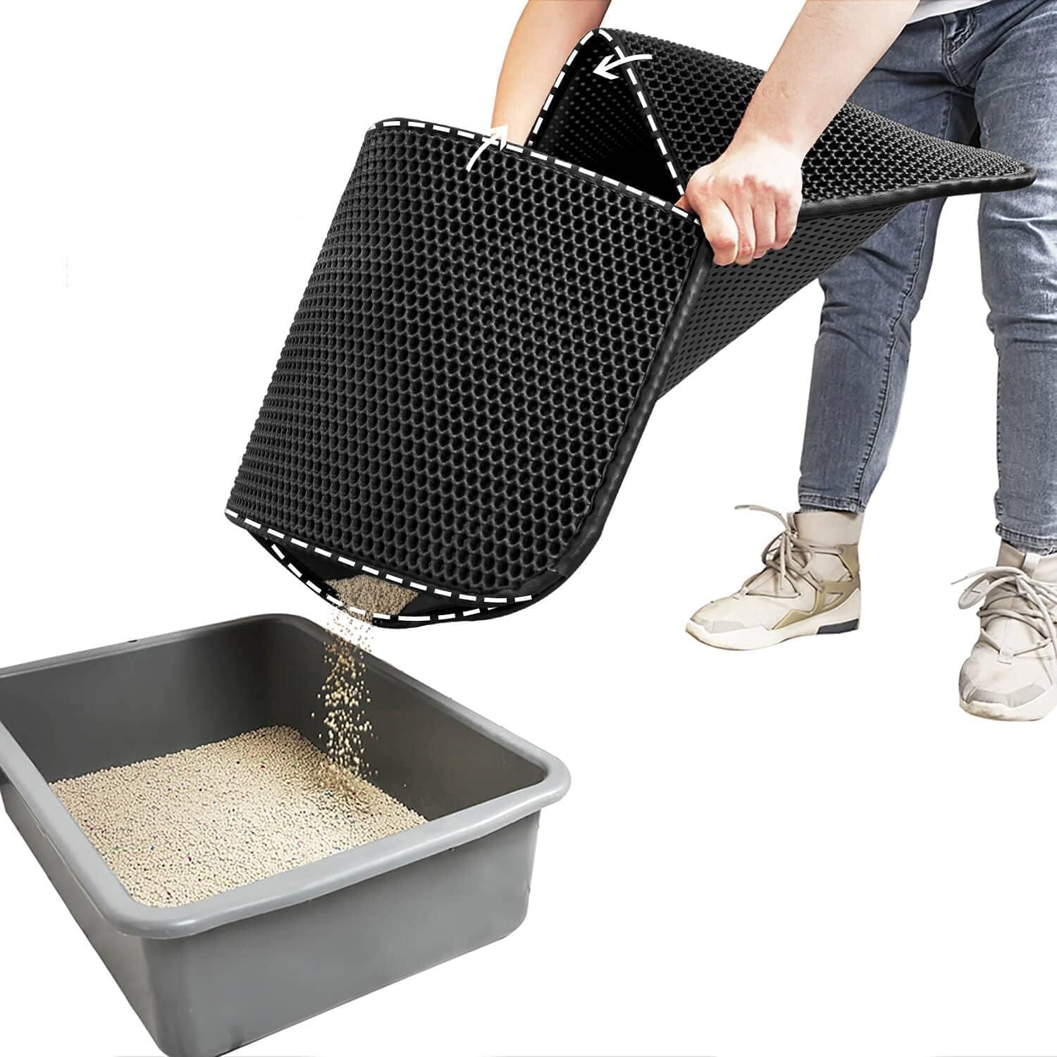 WePetCat Litter Mat, Kitty Litter Trapping Mat, Honeycomb Double Layer, Smart Pocket Design, No Phthalate, Urine Waterproof, Easy Clean, Scratch Scatter Control, XS 20 x 16 Inch, Black