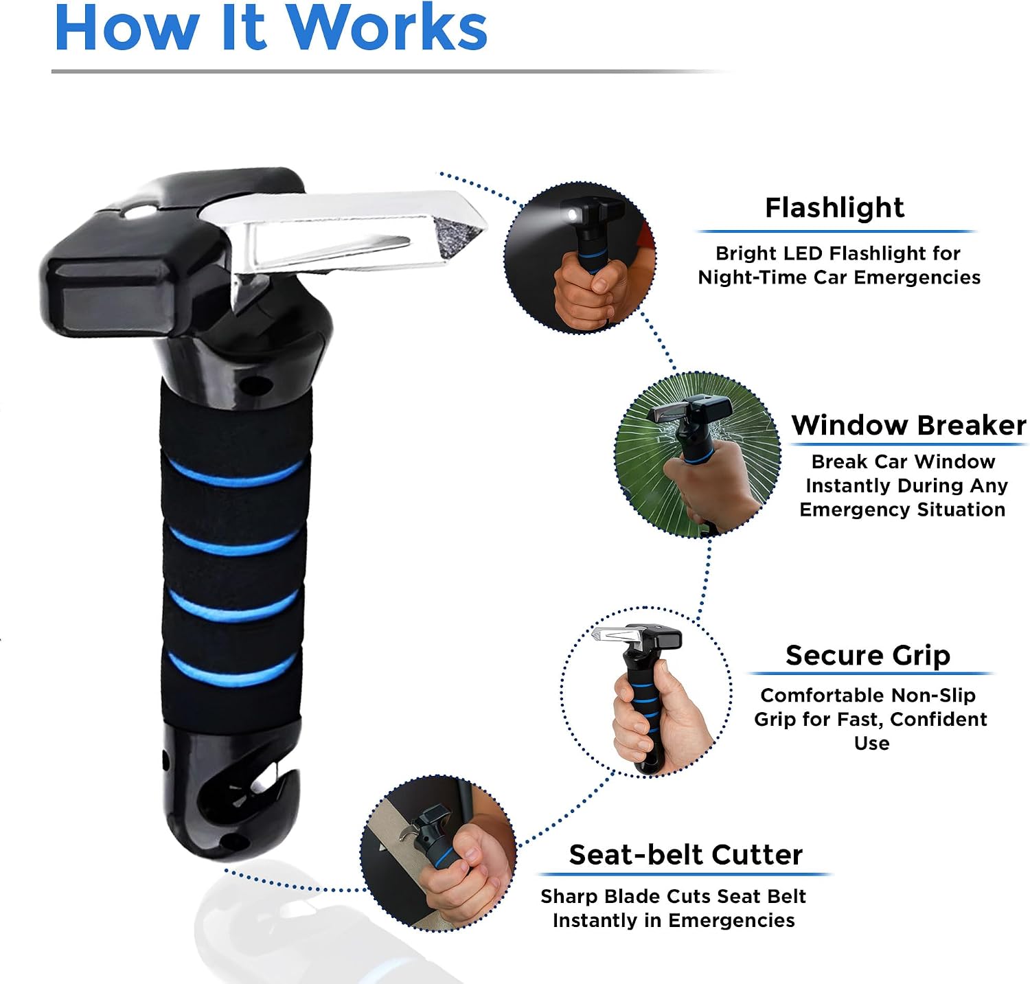 Portable Car Door Assist Handle for Elderly and Disabled with Seatbelt Cutter, Window Breaker, LED Light – Multifunctional Automotive Support Tool.